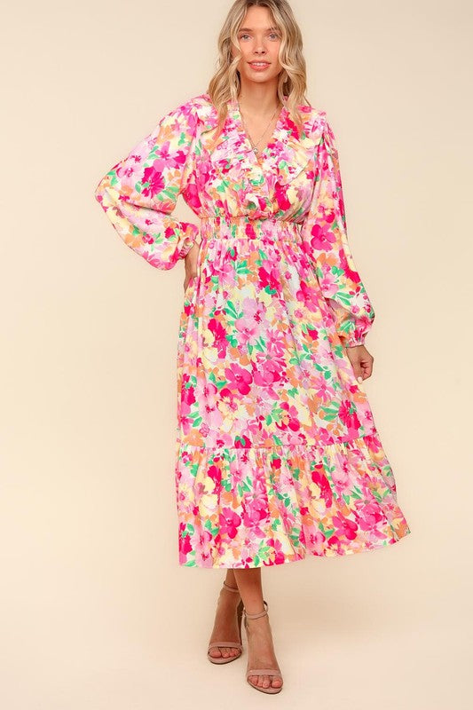 Haptics Full Size Floral Surplice Balloon Sleeve Dress with Side Pockets-TOPS / DRESSES-[Adult]-[Female]-Multicolor-S-2022 Online Blue Zone Planet