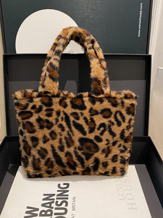 Blue Zone Planet | Leopard Fluff Handbag with Zip-HANDBAGS-[Adult]-[Female]-Leopard-One Size-2022 Online Blue Zone Planet