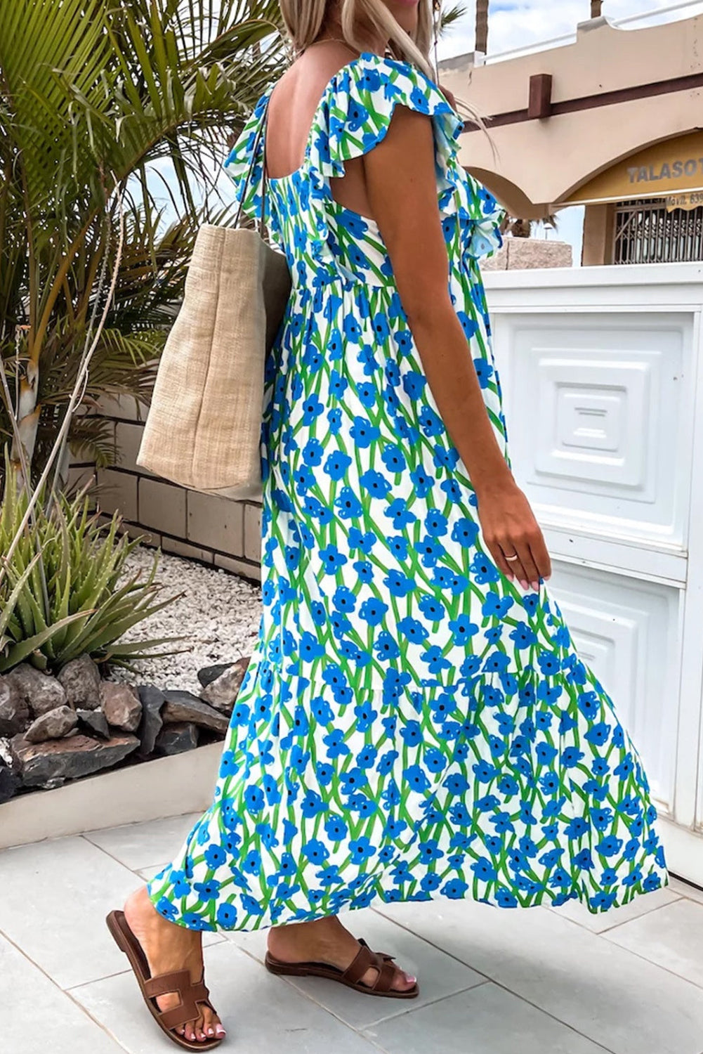 Blue Floral Print Square Neck Ruffled Strap Maxi Dress-TOPS / DRESSES-[Adult]-[Female]-2022 Online Blue Zone Planet