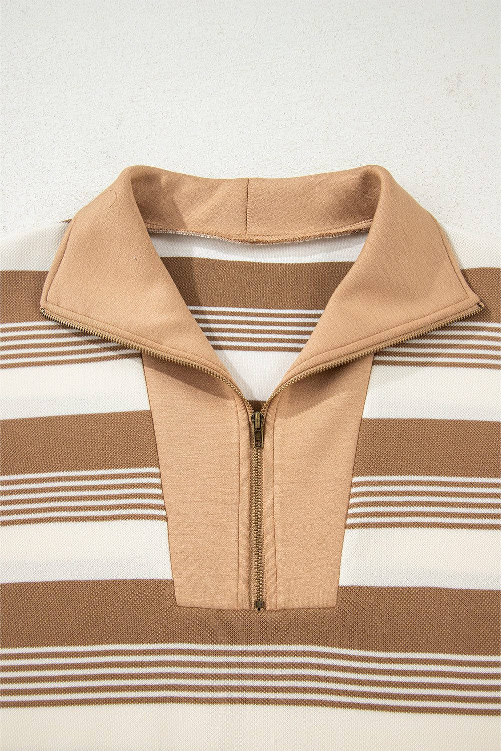 Khaki Stripe Zip Collar Patchwork Vintage Fashion Sweatshirt