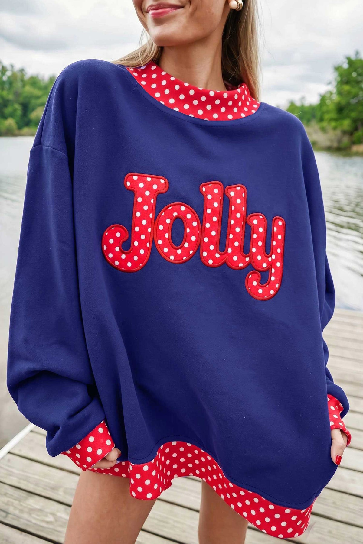 Fiery Red Polka Dot Letter Print Contrast Trim Mock Neck Sweatshirt-Tops/Sweatshirts & Hoodies-[Adult]-[Female]-Dirty blue-S-2022 Online Blue Zone Planet