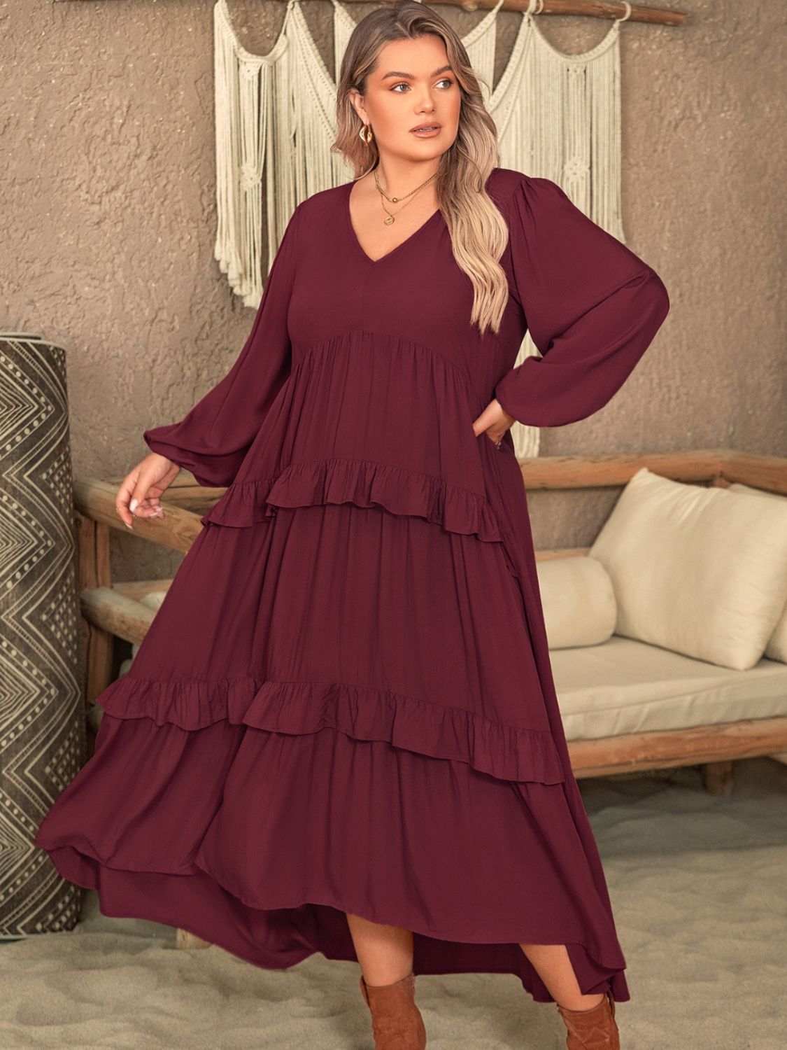 Blue Zone Planet | Plus Size Ruffled V-Neck Long Sleeve Dress-TOPS / DRESSES-[Adult]-[Female]-2022 Online Blue Zone Planet