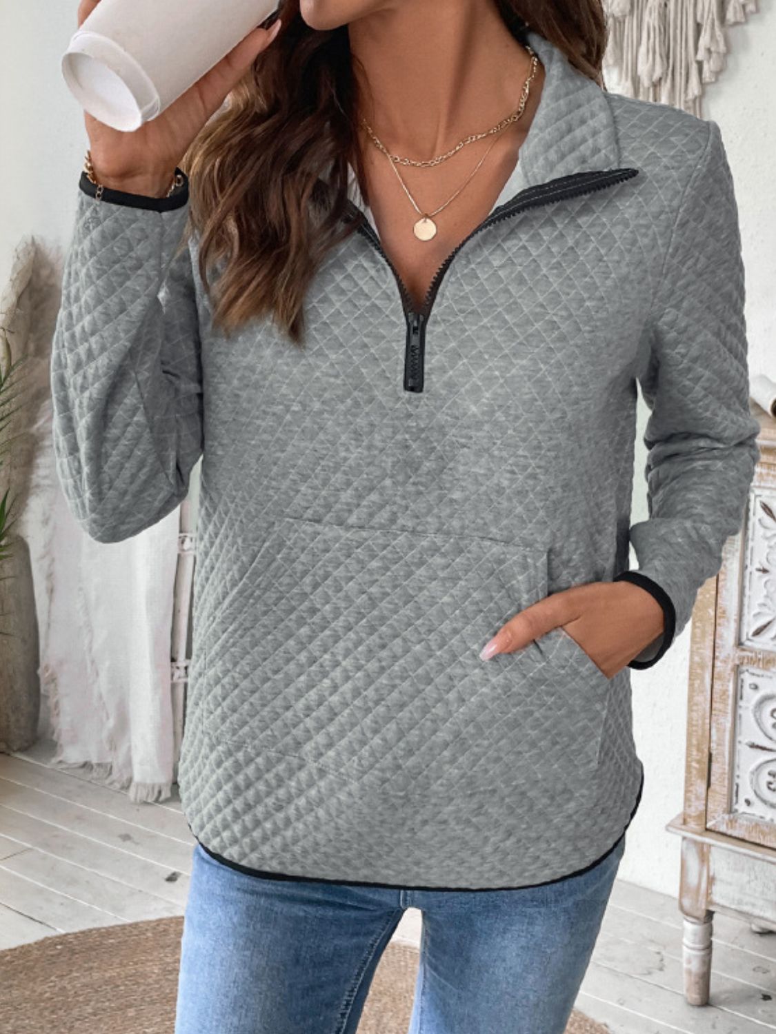 Perfee Texture Half Zip Long Sleeve Sweatshirt-TOPS / DRESSES-[Adult]-[Female]-2022 Online Blue Zone Planet