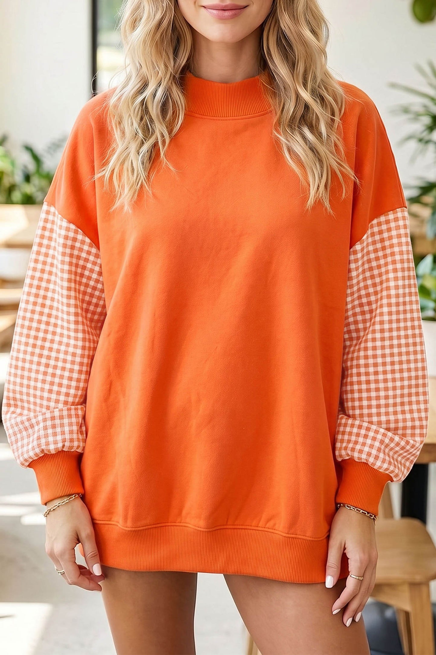 Evergreen Plaid Sleeve Colorblock Loose Tunic Sweatshirt