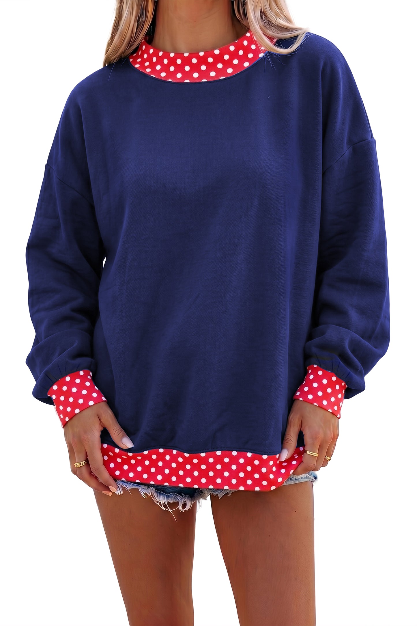 Dirty blue Colorblock Polka Dot Contrast Trim Oversized Sweatshirt-Tops/Sweatshirts & Hoodies-[Adult]-[Female]-2022 Online Blue Zone Planet