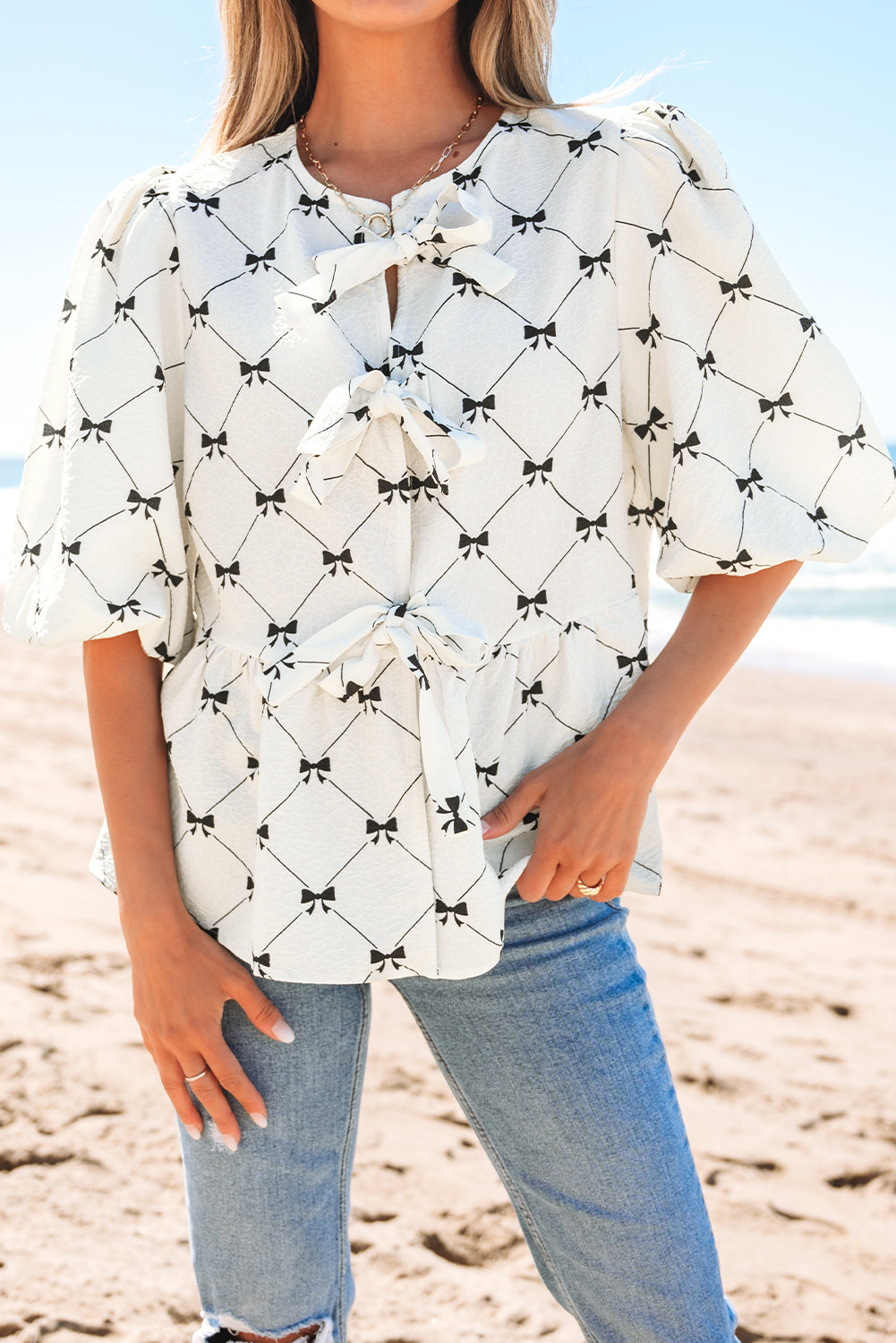 White Bowknot Print Front Knots Bubble Sleeve Blouse-Tops/Blouses & Shirts-[Adult]-[Female]-2022 Online Blue Zone Planet