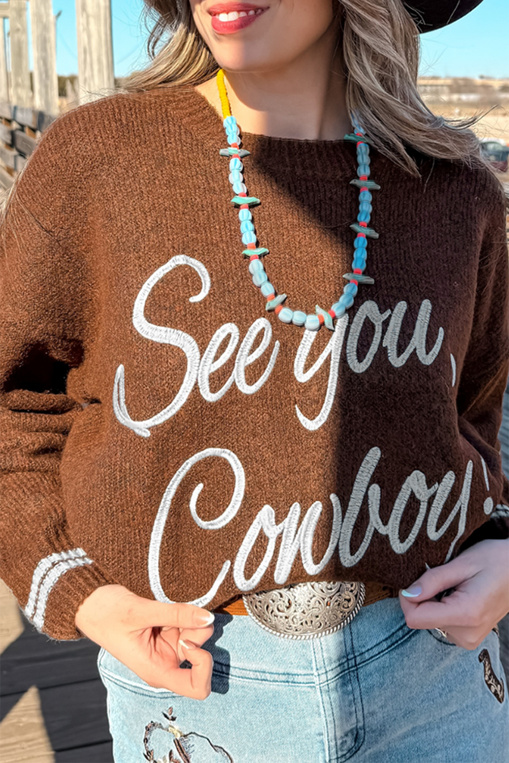 Coffee See You Cowboy Embroidered Western Graphic Sweater-TOPS / DRESSES-[Adult]-[Female]-Coffee-S-2022 Online Blue Zone Planet