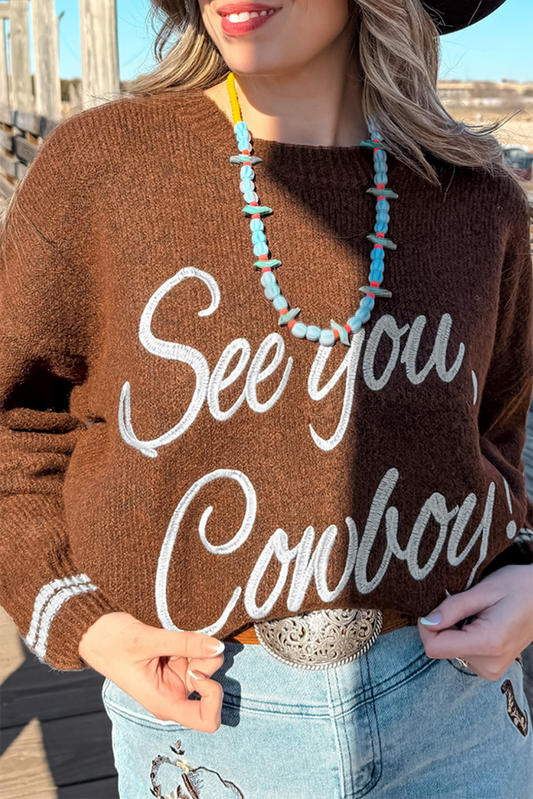 Coffee See You Cowboy Embroidered Western Graphic Sweater-TOPS / DRESSES-[Adult]-[Female]-Coffee-S-2022 Online Blue Zone Planet