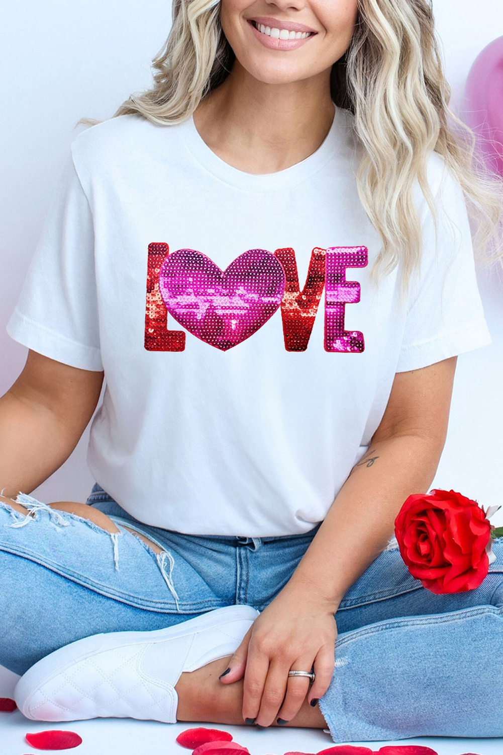 White Heart LOVE Patched Pattern Crewneck Valentines T Shirt-Graphic Tees-[Adult]-[Female]-White-S-2022 Online Blue Zone Planet