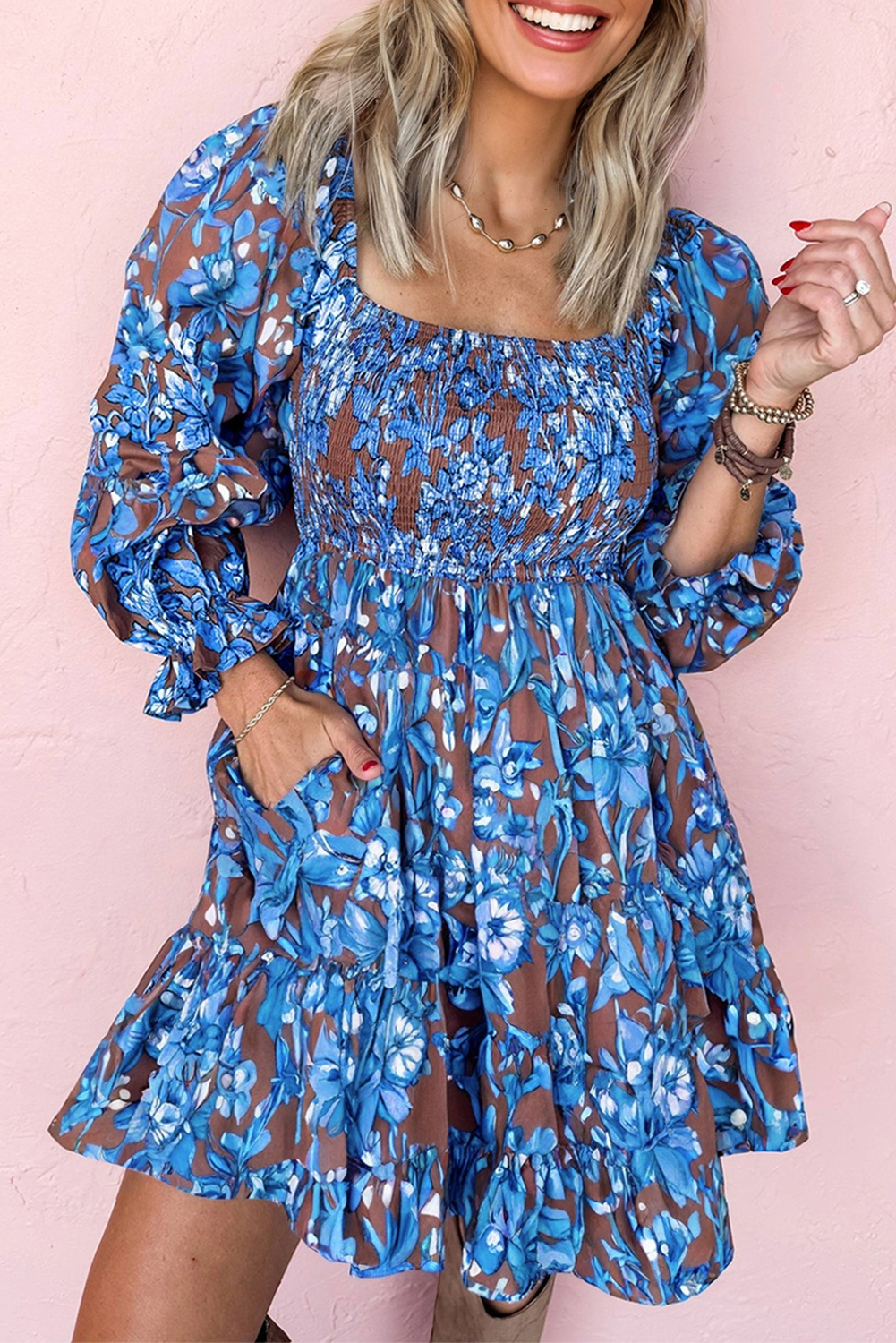 Blue Smocked Bodice High Waist Ruffled Sleeve Floral Dress-TOPS / DRESSES-[Adult]-[Female]-2022 Online Blue Zone Planet