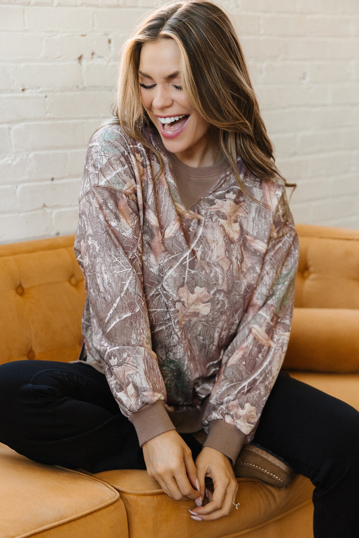Brown Abstract Camo Print Color Block Detail Baggy Pullover Sweatshirt-Tops/Sweatshirts & Hoodies-[Adult]-[Female]-2022 Online Blue Zone Planet