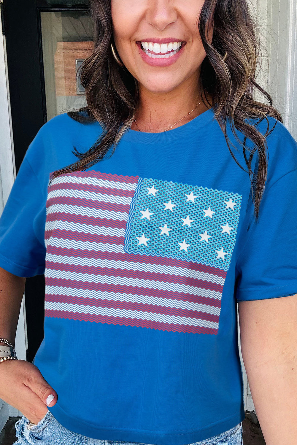 Real Teal American Flag Pattern Crewneck Tee-Graphic/Graphic Tees-[Adult]-[Female]-2022 Online Blue Zone Planet