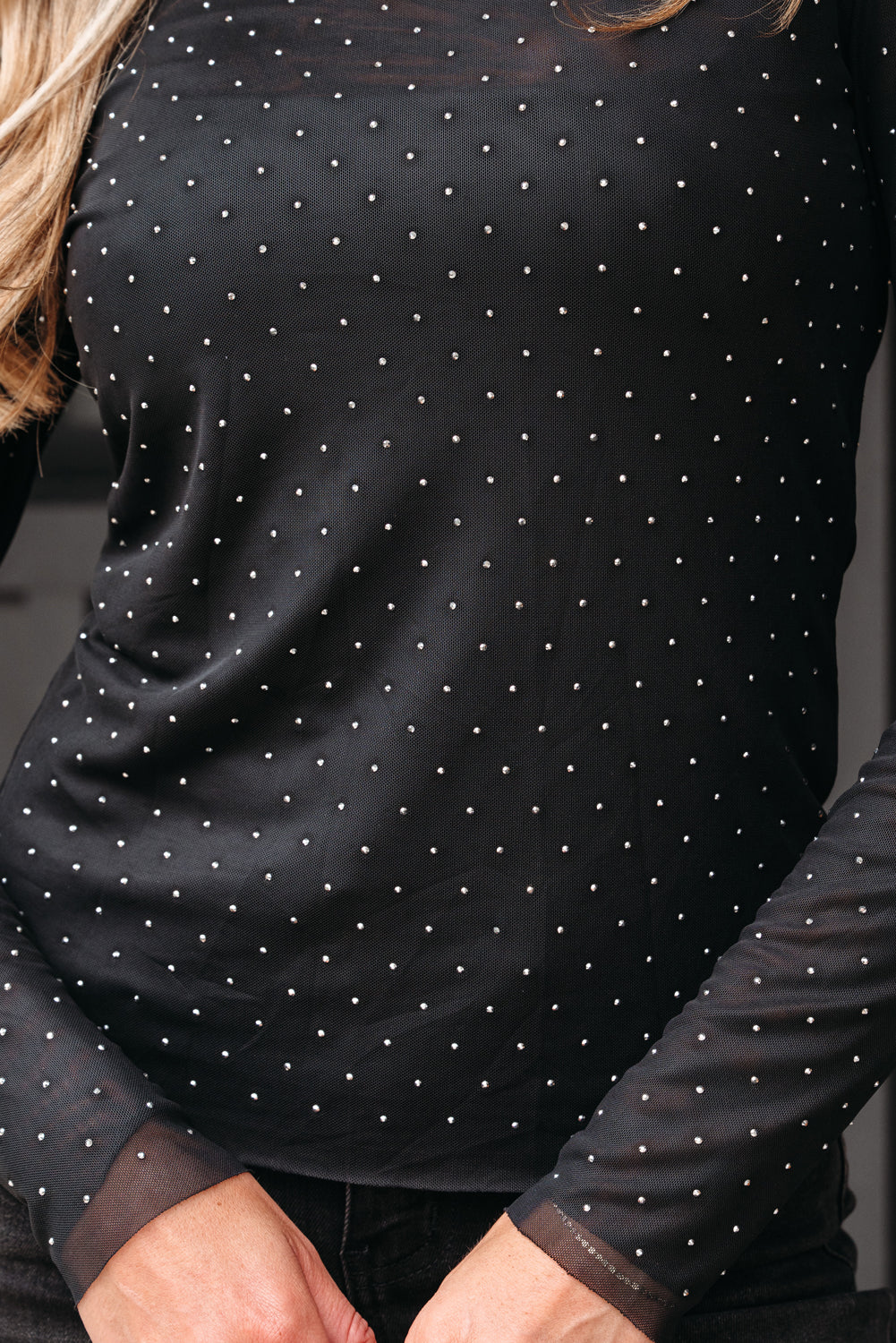 Black Rhinestone Embellished Mesh Long Sleeve Top-Tops/Long Sleeve Tops-[Adult]-[Female]-2022 Online Blue Zone Planet
