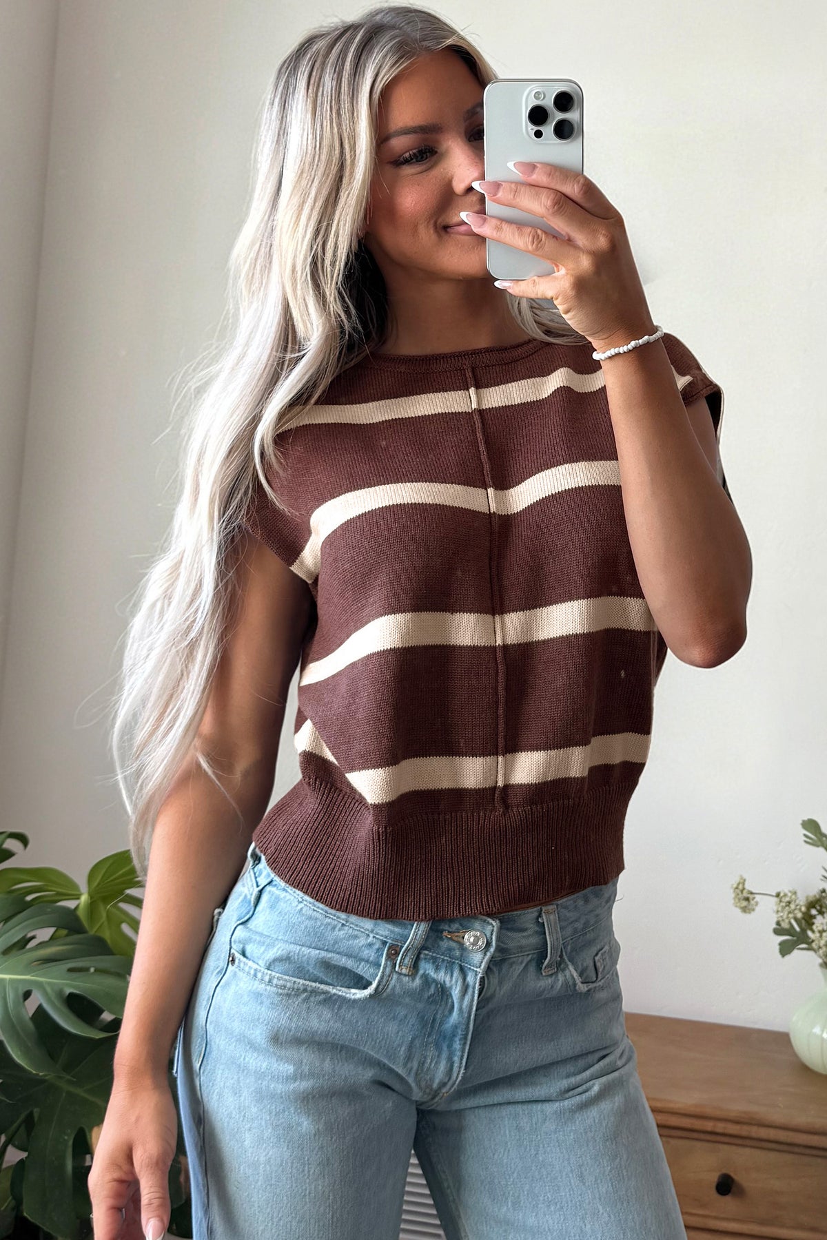 Brown Stripe Knit Western Short Sleeve Sweater-Sweaters & Cardigans/Short Sleeve Sweaters-[Adult]-[Female]-2022 Online Blue Zone Planet