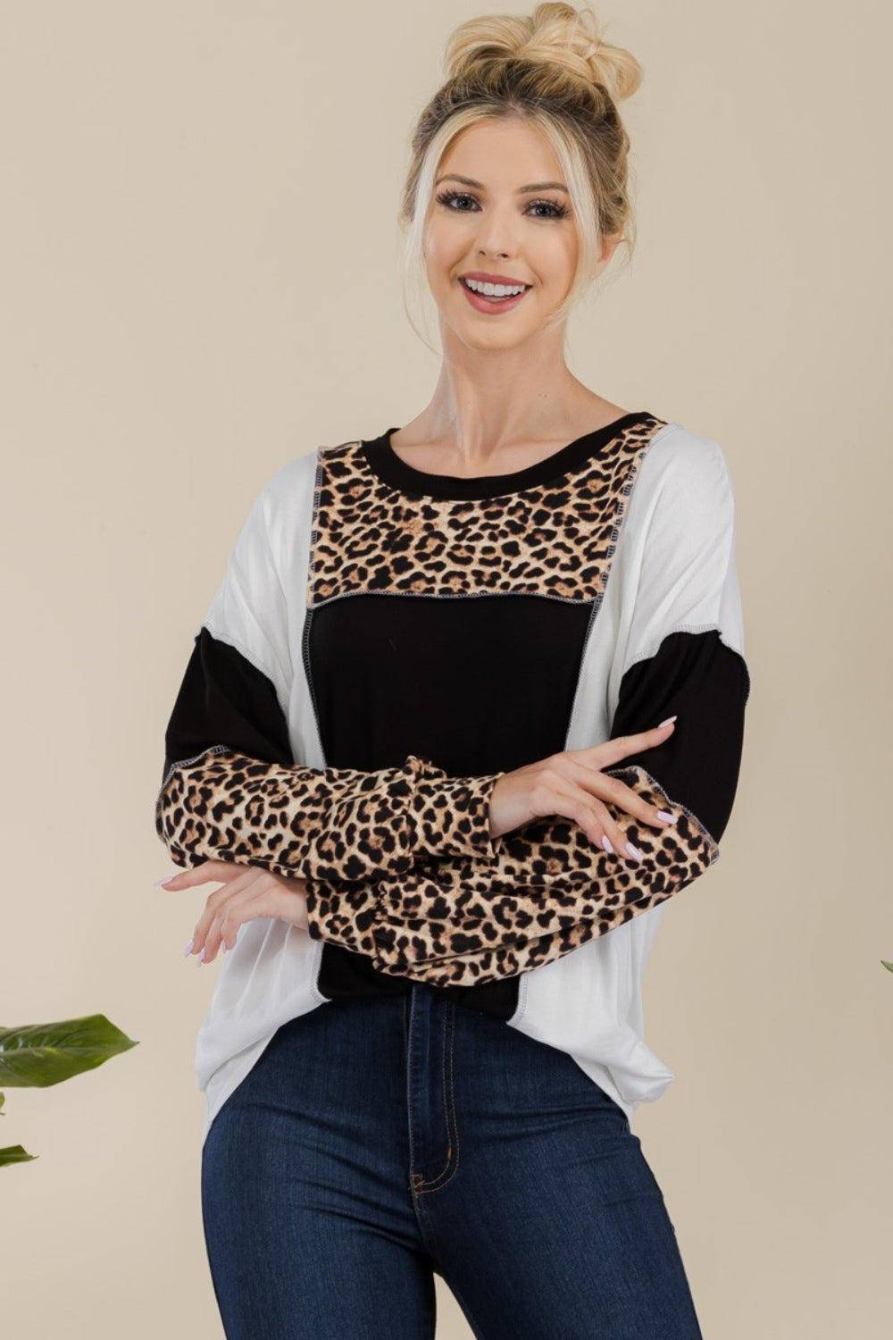 Blue Zone Planet | Celeste Full Size Leopard Color Block Exposed Seam T-Shirt-TOPS / DRESSES-[Adult]-[Female]-2022 Online Blue Zone Planet