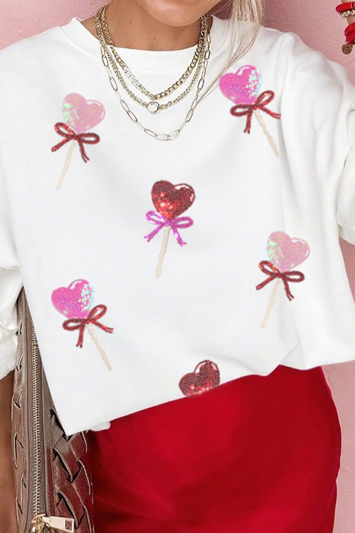 White Sequin Bow Heart Shape Lolly Valentines Day Graphic Sweatshirt-Graphic Sweatshirts-[Adult]-[Female]-2022 Online Blue Zone Planet
