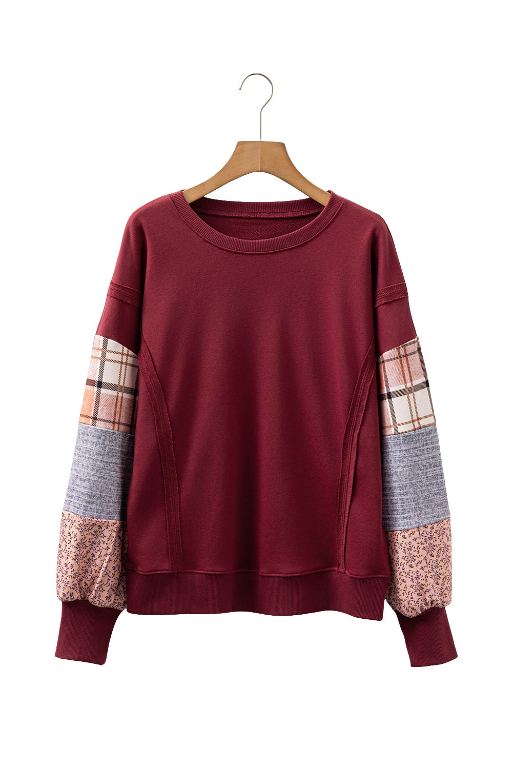 Red Sandalwood Plaid Colorblock Patchwork Sleeve Raw Seam Sweatshirt-Tops/Sweatshirts & Hoodies-[Adult]-[Female]-2022 Online Blue Zone Planet