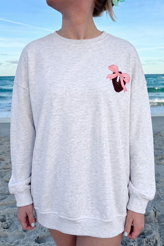 Light Grey Embroidered Football Bow Back Long Sleeve Sweatshirt-Tops/Sweatshirts & Hoodies-[Adult]-[Female]-Light Grey-S-2022 Online Blue Zone Planet