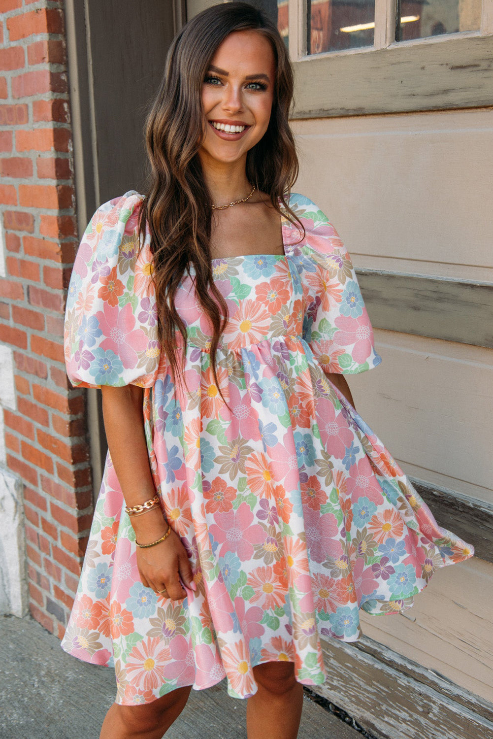 Blue Zone Planet |  Pink Summer Floral Square Neck Puff Sleeve Babydoll Dress Blue Zone Planet