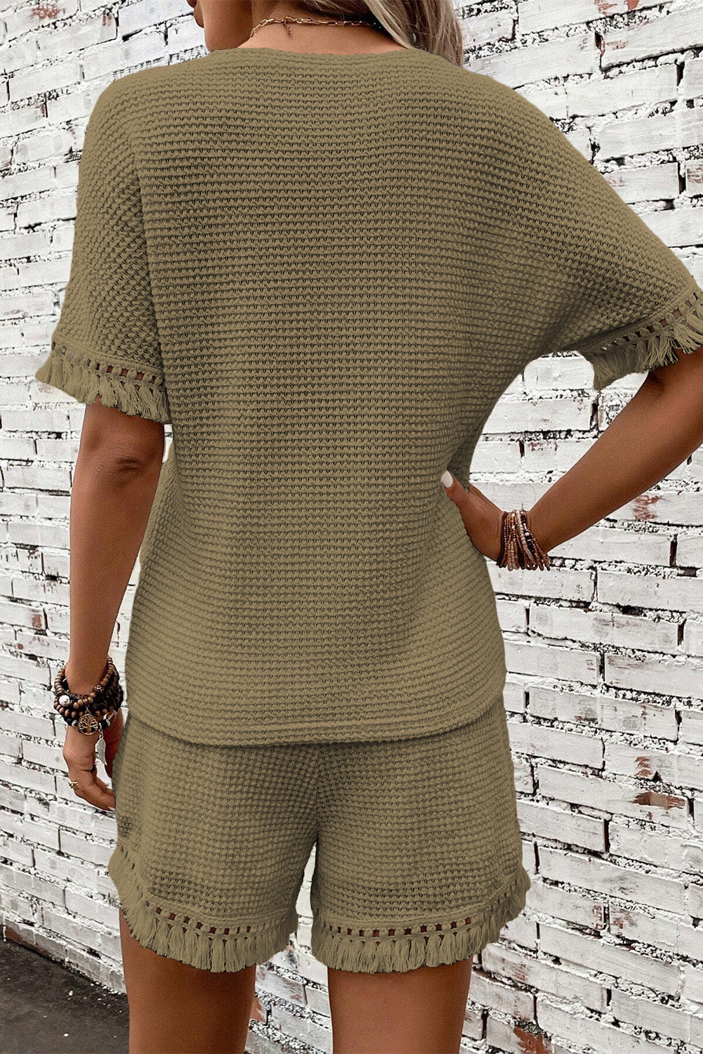 Laurel Green Fringe Trim Textured Short Two Piece Set-Two Piece Sets/Short Sets-[Adult]-[Female]-2022 Online Blue Zone Planet