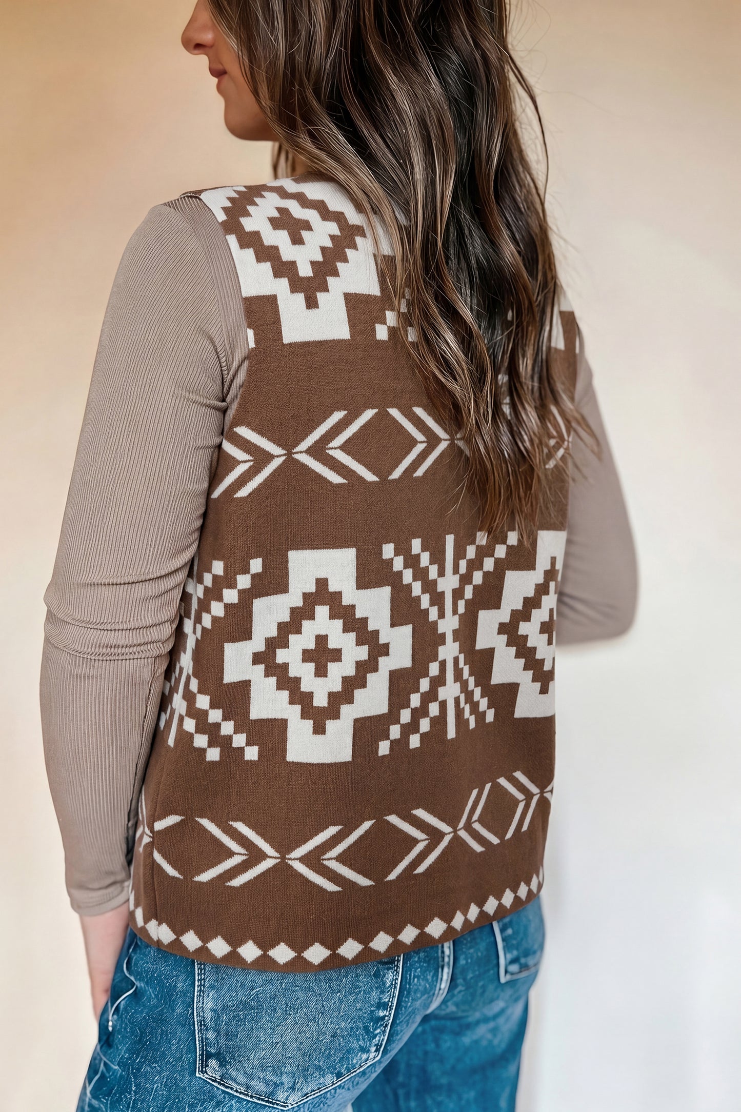Brown Southwestern Aztec Button Square Neck Sweater Vest-Sweaters & Cardigans/Sweater Vests-[Adult]-[Female]-2022 Online Blue Zone Planet