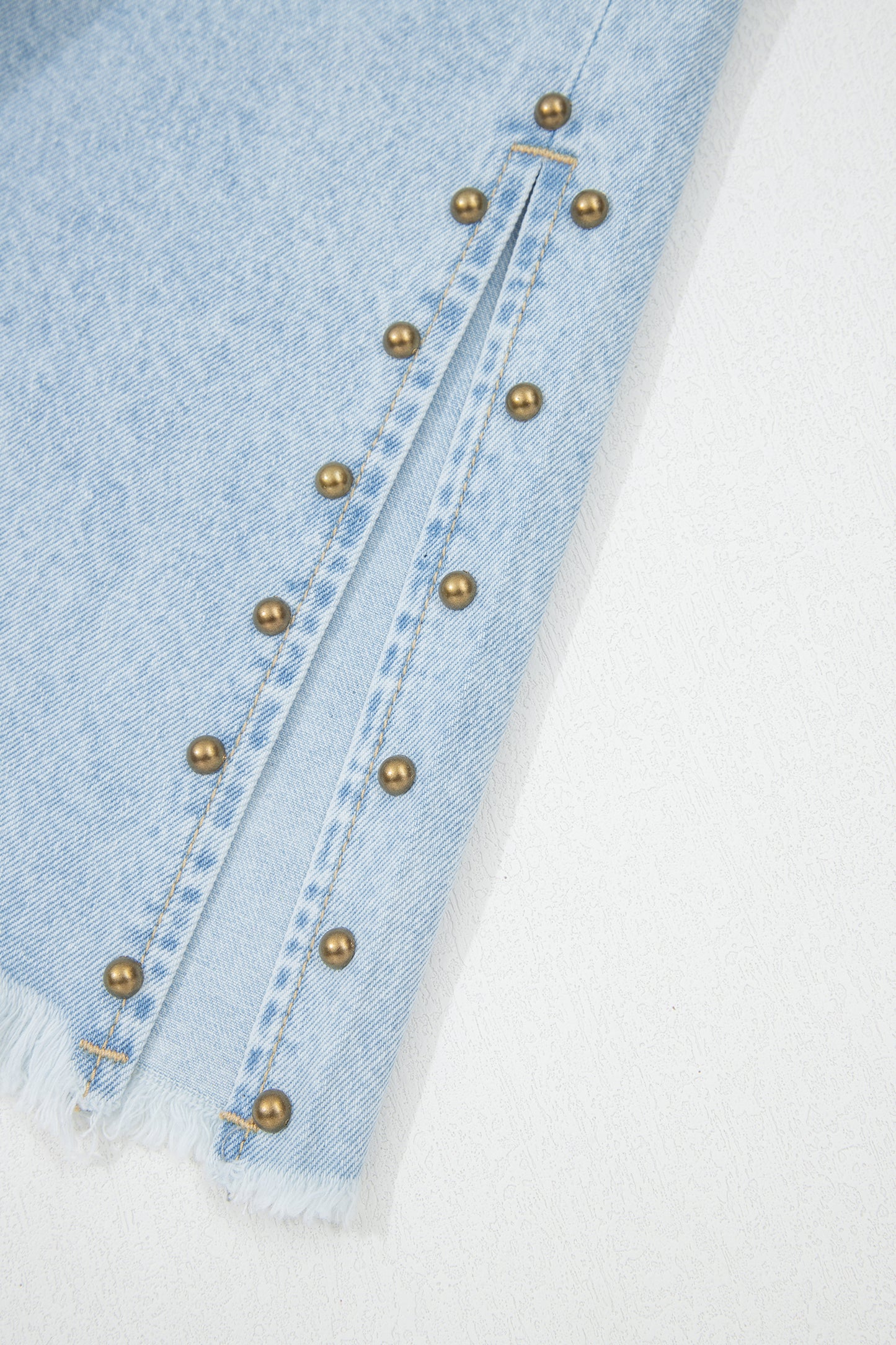 Beau Blue Studded Side Slit Leg Frayed Pocketed Wide Leg Jeans-Bottoms/Jeans-[Adult]-[Female]-2022 Online Blue Zone Planet