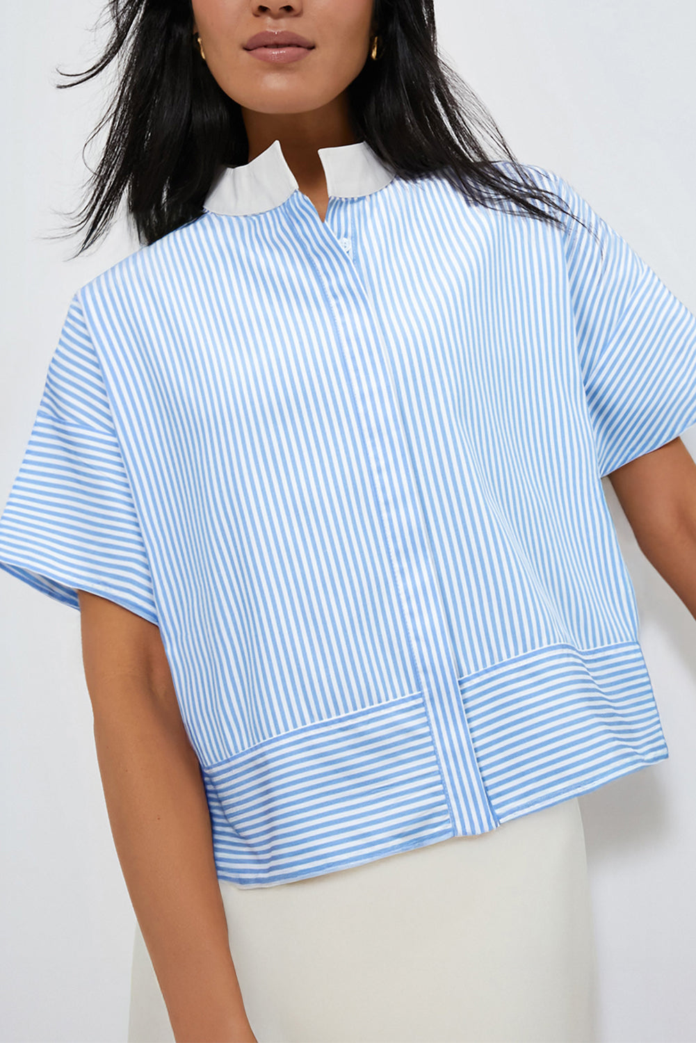 Sky Blue Stripe Contrast Collar Patchwork Hidden Button Short Sleeve Summer Shirt-Tops/Blouses & Shirts-[Adult]-[Female]-Sky Blue Stripe-S-2022 Online Blue Zone Planet