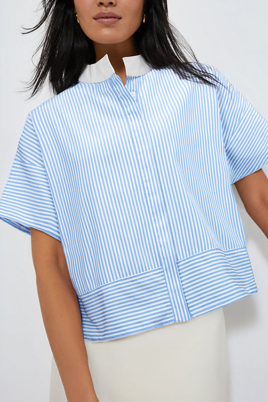 Sky Blue Stripe Contrast Collar Patchwork Hidden Button Short Sleeve Summer Shirt-Tops/Blouses & Shirts-[Adult]-[Female]-Sky Blue Stripe-S-2022 Online Blue Zone Planet