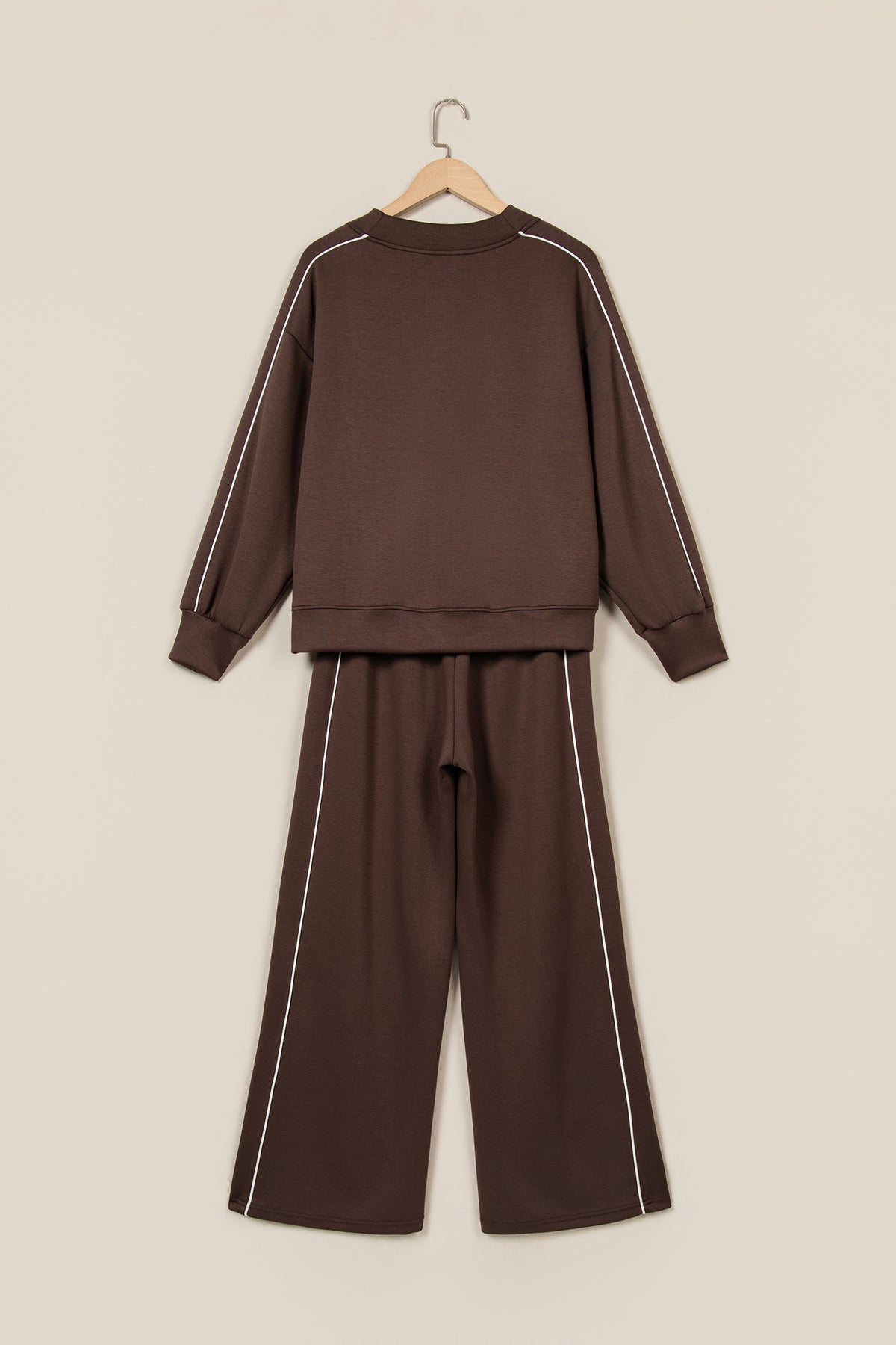 Coffee Sporty Piping Trim Mock Neck Pullover Relaxed 2pcs Pant Set-Two Piece Sets/Pant Sets-[Adult]-[Female]-2022 Online Blue Zone Planet