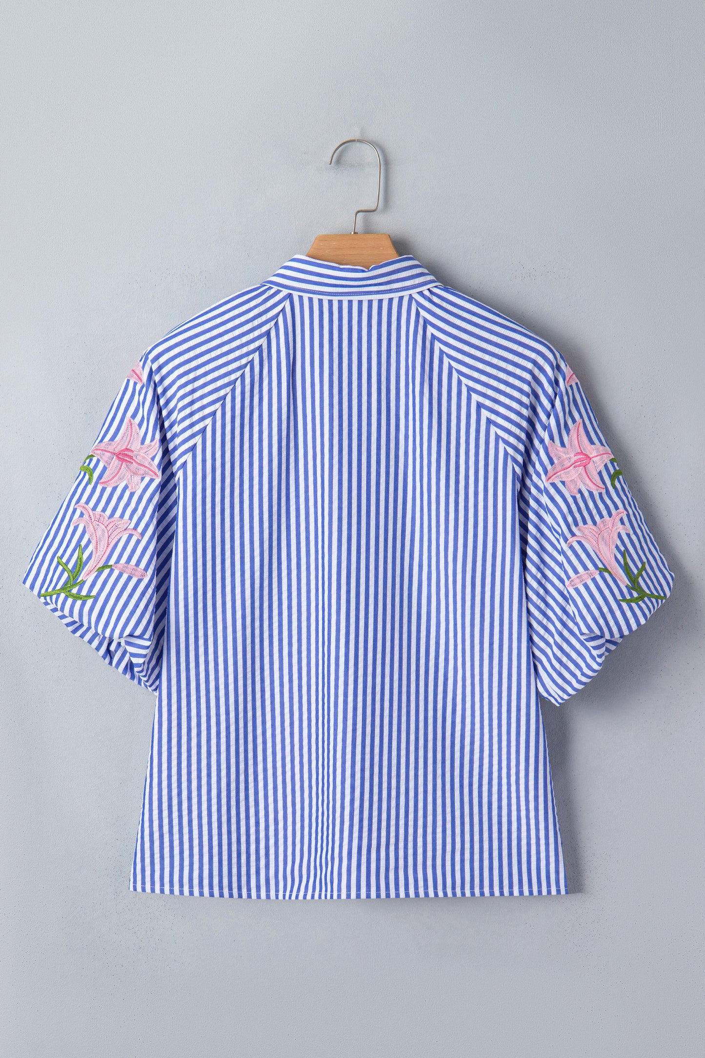 Sky Blue Stripe Lily Floral Embroidered Puff Sleeve Button Down Shirt-Tops/Blouses & Shirts-[Adult]-[Female]-2022 Online Blue Zone Planet