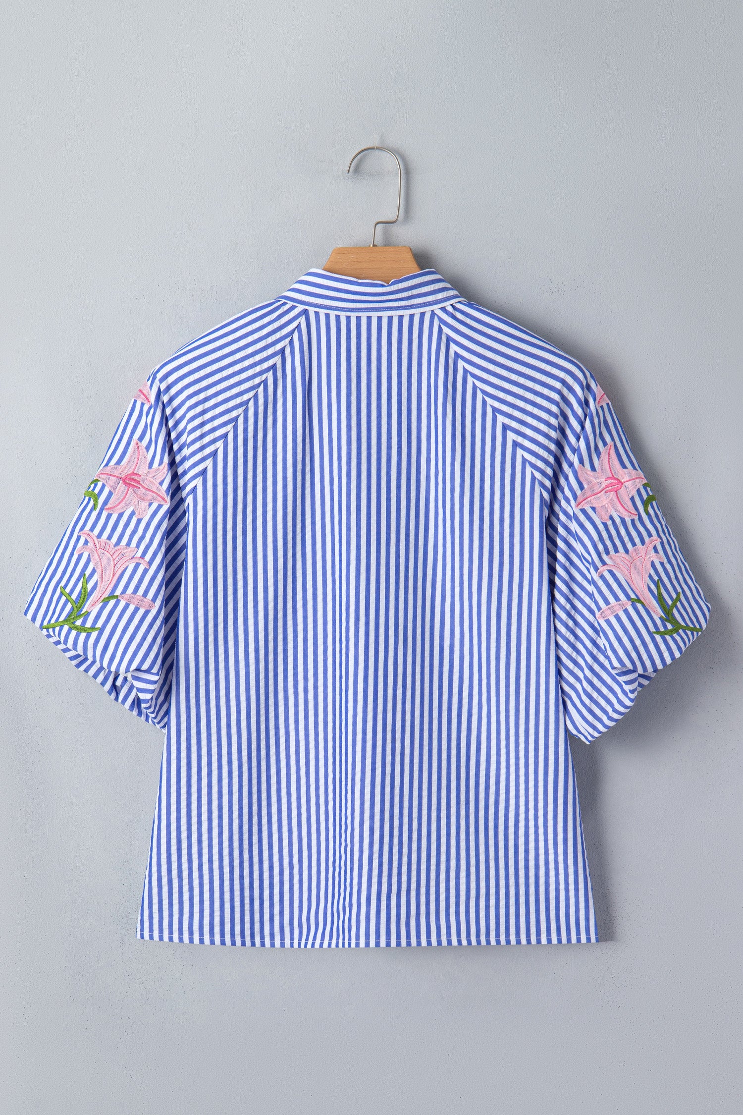 Sky Blue Stripe Lily Floral Embroidered Puff Sleeve Button Down Shirt-Tops/Blouses & Shirts-[Adult]-[Female]-2022 Online Blue Zone Planet