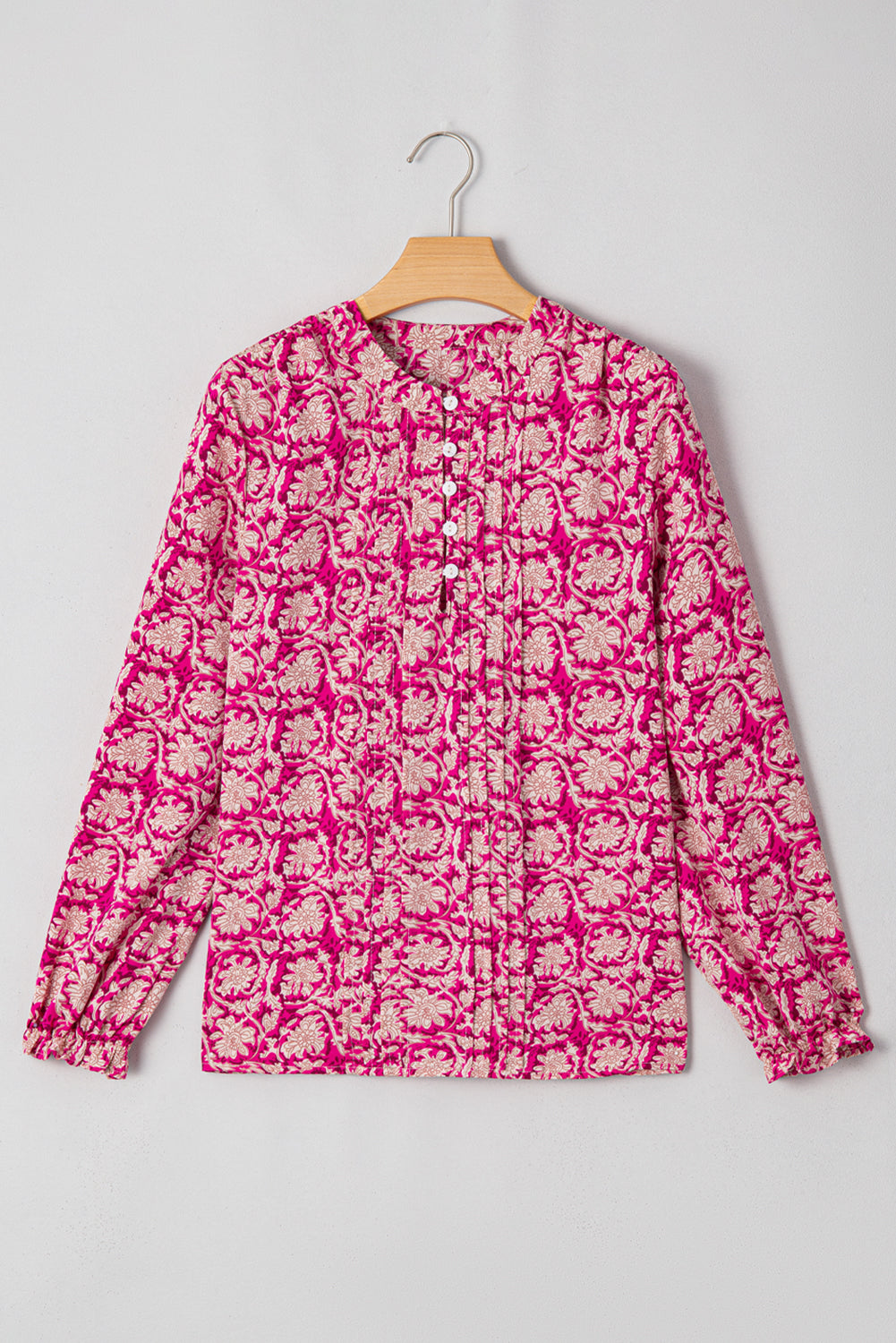 Pink Floral Print Split Neck Pleated Puff Sleeve Blouse-Tops/Blouses & Shirts-[Adult]-[Female]-2022 Online Blue Zone Planet