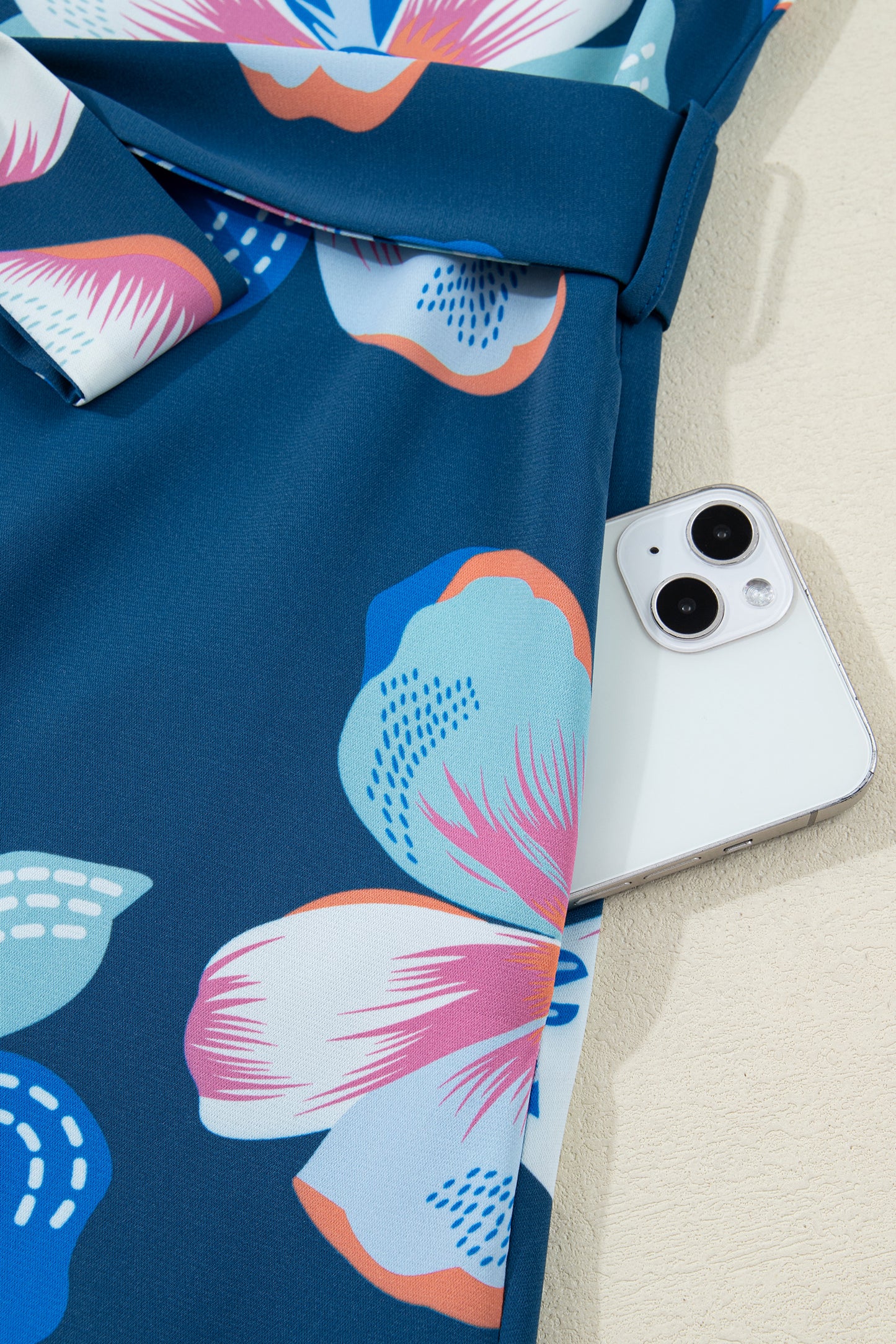 Blue Floral Print Short Puff Sleeve Ruffle Hem Belted Long Dress-TOPS / DRESSES-[Adult]-[Female]-2022 Online Blue Zone Planet