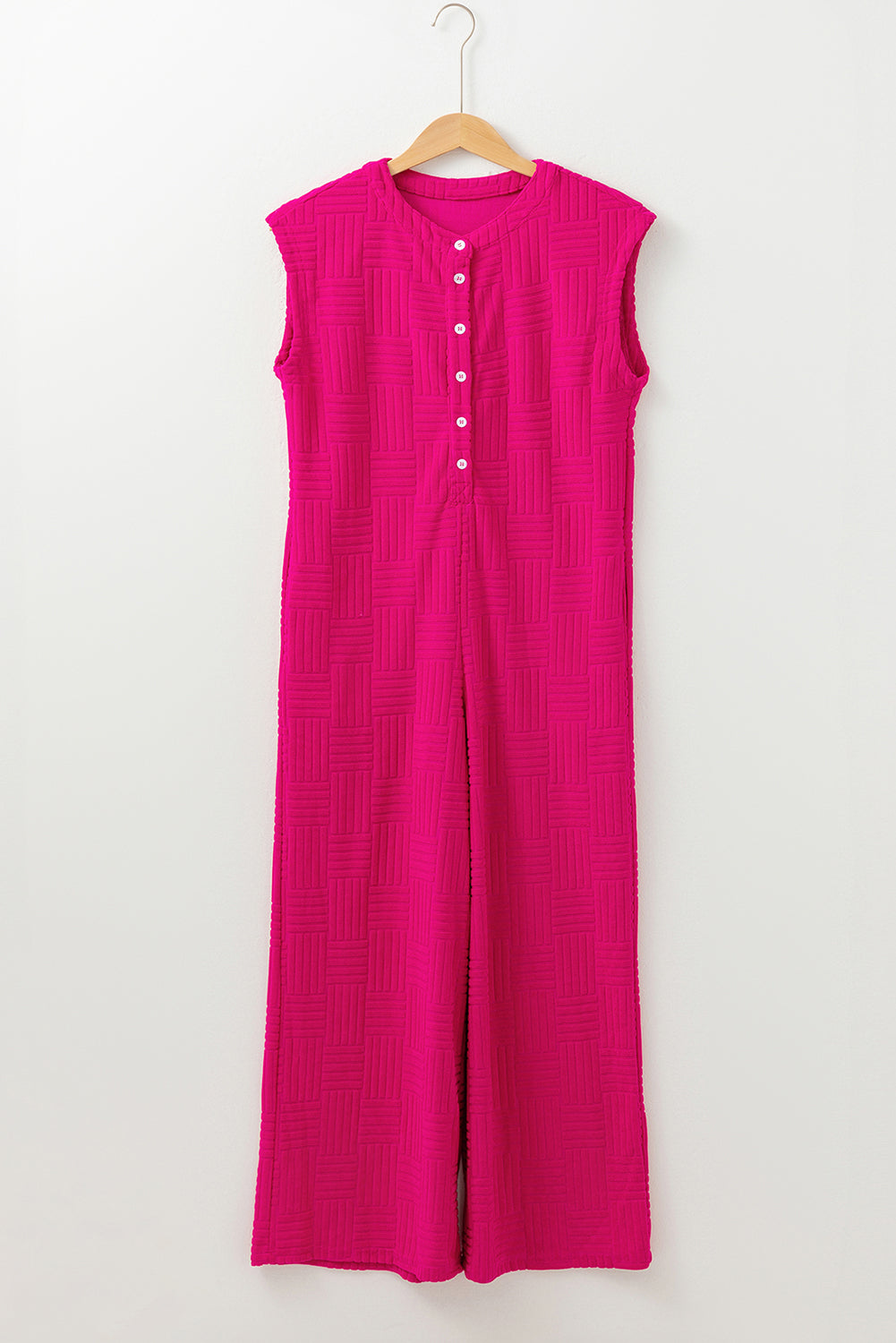 Blue Zone Planet | Bright Pink Terry Textured Sleeveless Button Front Wide Leg Jumpsuit-Bottoms/Jumpsuits & Rompers-[Adult]-[Female]-2022 Online Blue Zone Planet