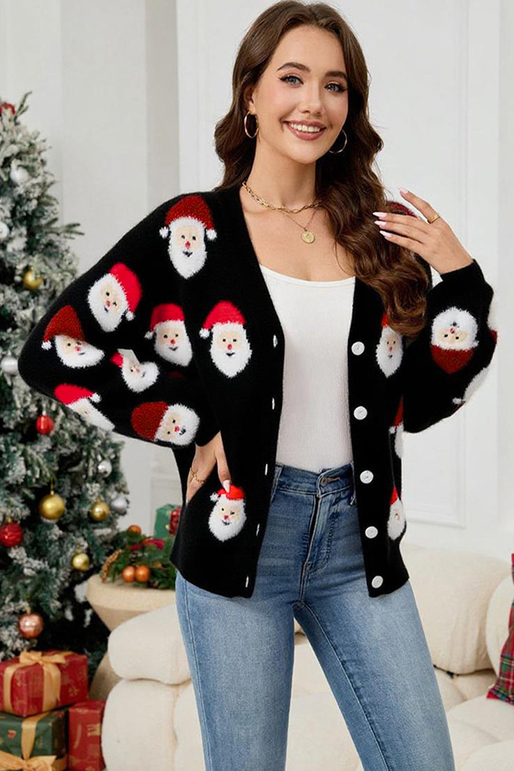Pink Christmas Santa Claus Pattern Button V Neck Sweater Cardigan-Sweaters & Cardigans/Cardigans-[Adult]-[Female]-2022 Online Blue Zone Planet