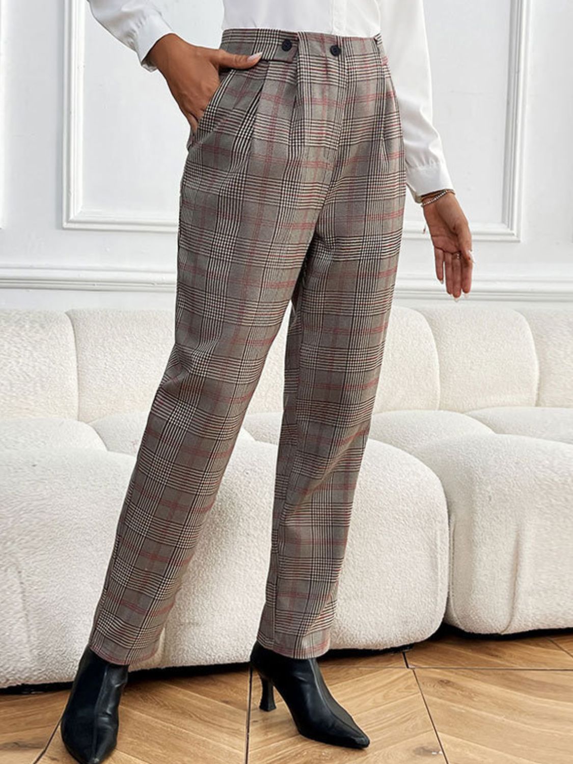 Perfee Plaid Straight Pants with Pockets-BOTTOMS SIZES SMALL MEDIUM LARGE-[Adult]-[Female]-2022 Online Blue Zone Planet