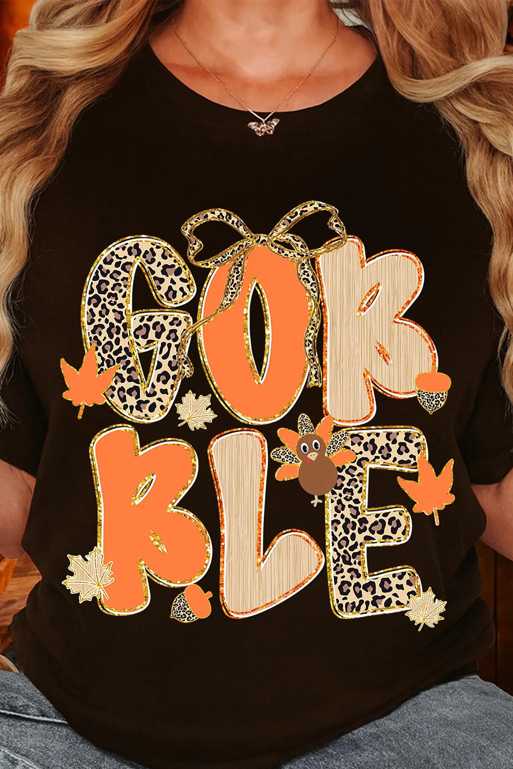 Black Gobble Leopard Letter Print Turkey Bow Graphic T Shirt-Graphic/Graphic Tees-[Adult]-[Female]-2022 Online Blue Zone Planet