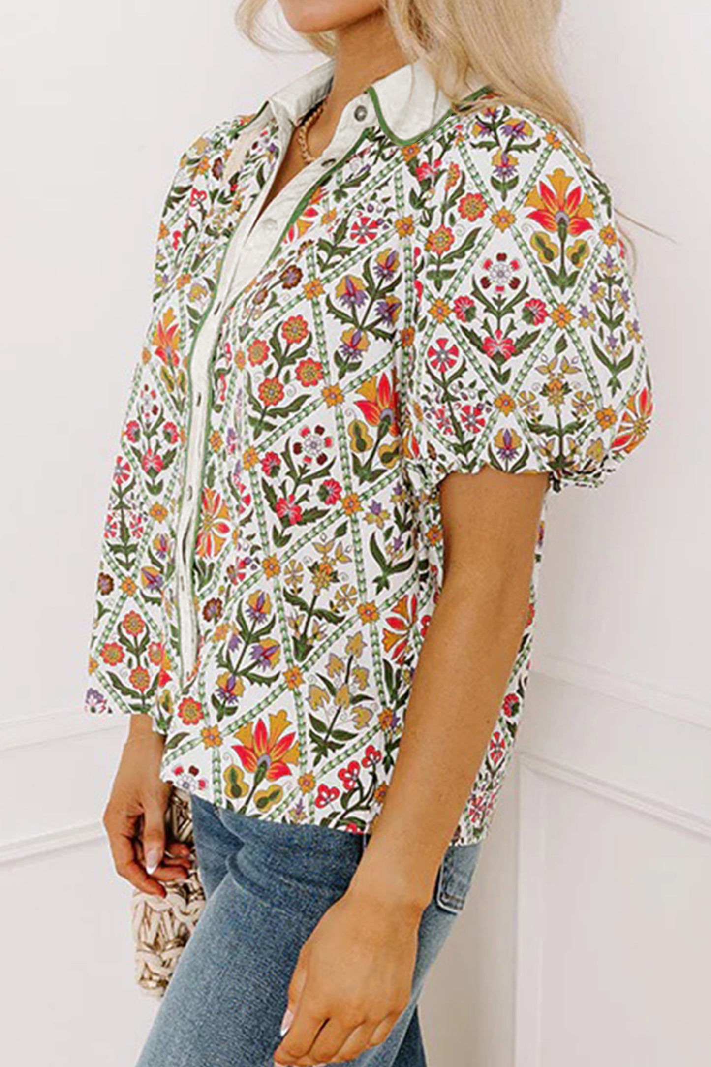 Green Short Bubble Sleeve Floral Shirt-Tops/Blouses & Shirts-[Adult]-[Female]-2022 Online Blue Zone Planet