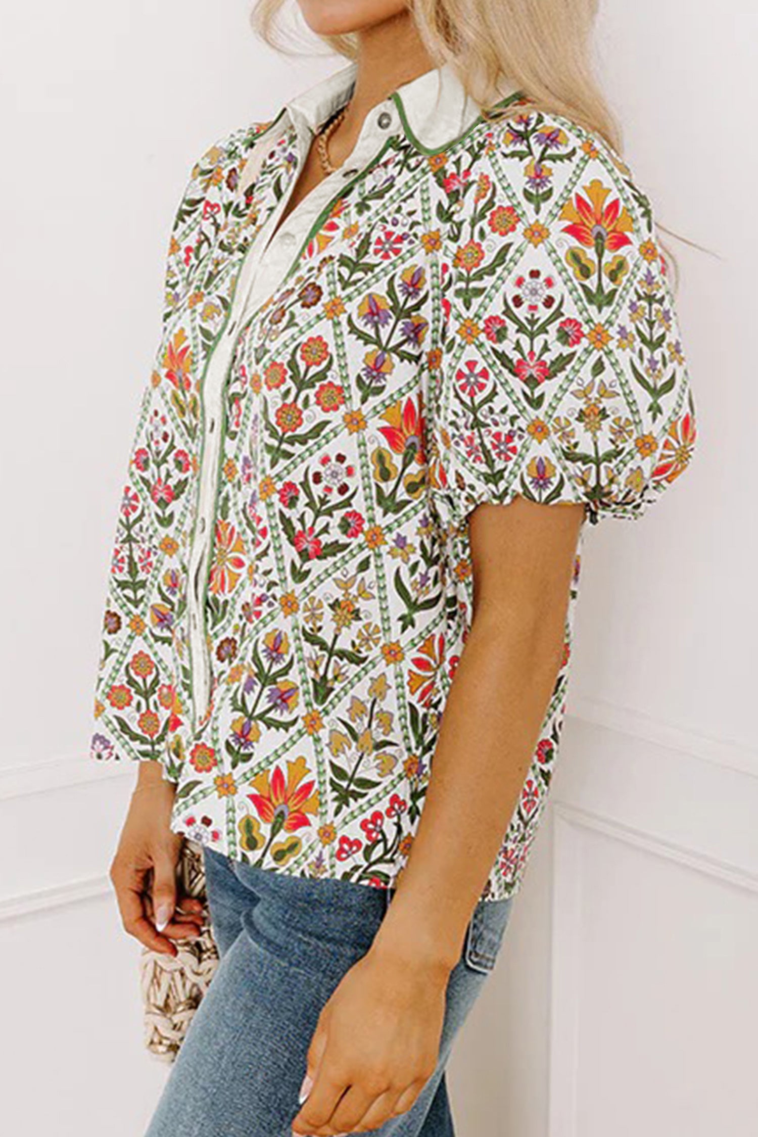 Green Short Bubble Sleeve Floral Shirt-Tops/Blouses & Shirts-[Adult]-[Female]-2022 Online Blue Zone Planet