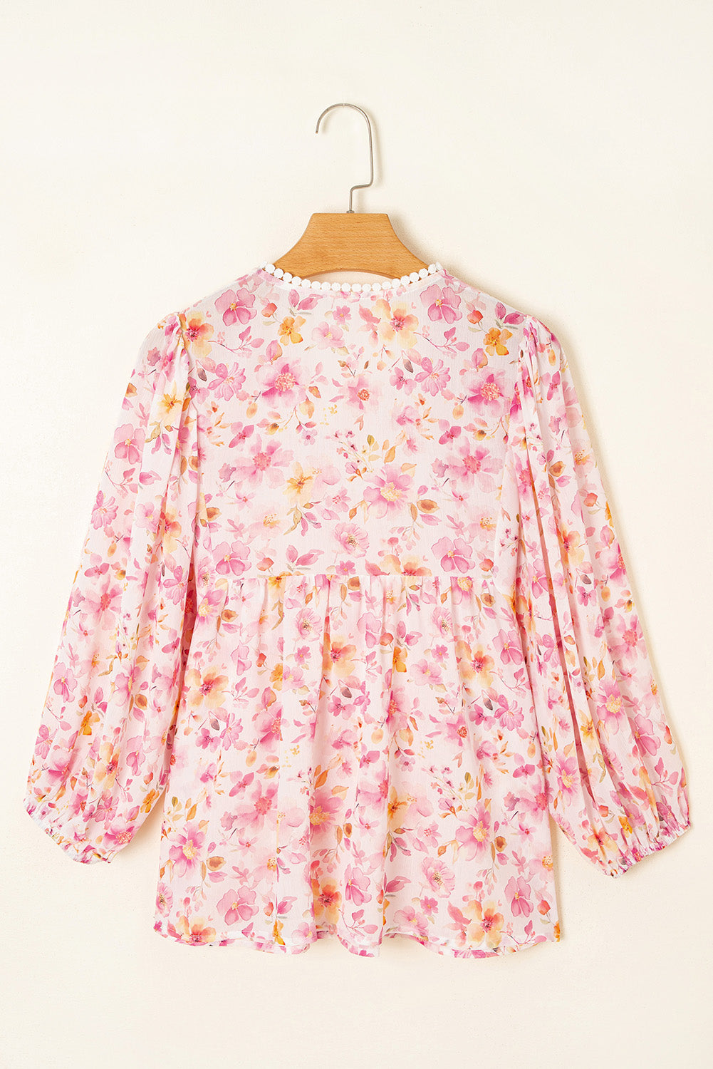 Pink Floral Print Tassel Tie Smocked V Neck Puff Sleeve Tunic Blouse-Tops/Blouses & Shirts-[Adult]-[Female]-2022 Online Blue Zone Planet