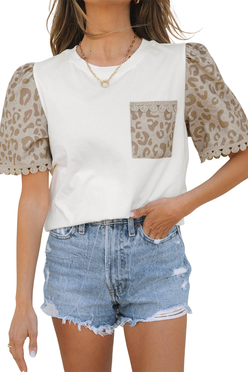 White Leopard Patchwork Crochet Lace Trim Puff Sleeve T Shirt-Tops/Tops & Tees-[Adult]-[Female]-2022 Online Blue Zone Planet