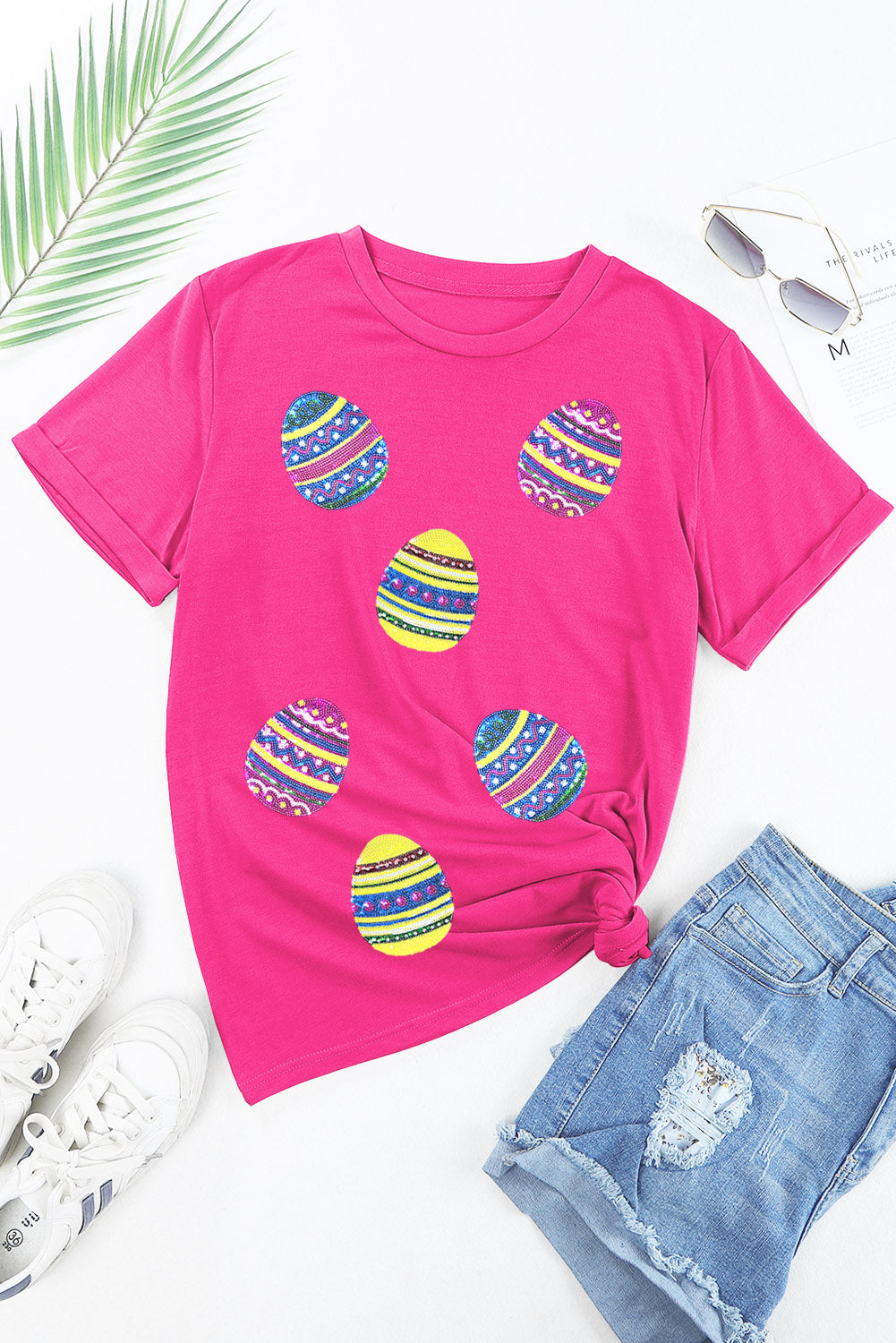 Rose Red Sequin Easter Egg Graphic Casual T Shirt-Graphic/Graphic Tees-[Adult]-[Female]-2022 Online Blue Zone Planet