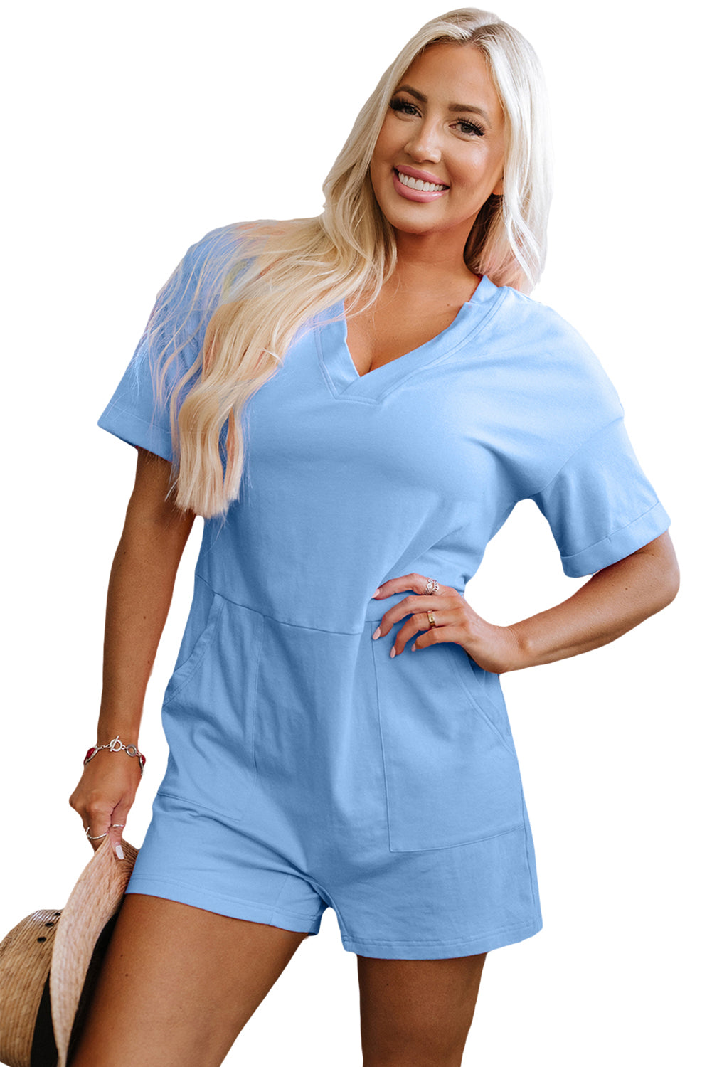 Grass Green Loose Half Sleeve V Neck Knit Romper-Bottoms/Jumpsuits & Rompers-[Adult]-[Female]-2022 Online Blue Zone Planet