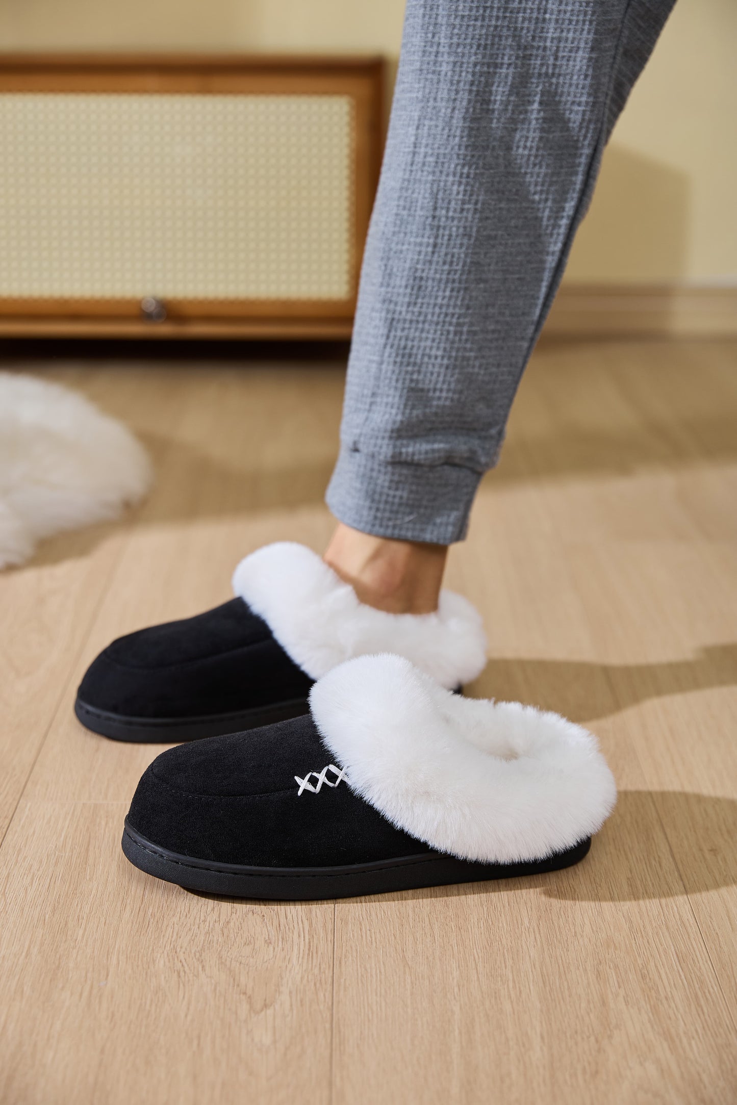 Fluff Trim Round Toe Flat Slippers-SLIPPERS-[Adult]-[Female]-2022 Online Blue Zone Planet