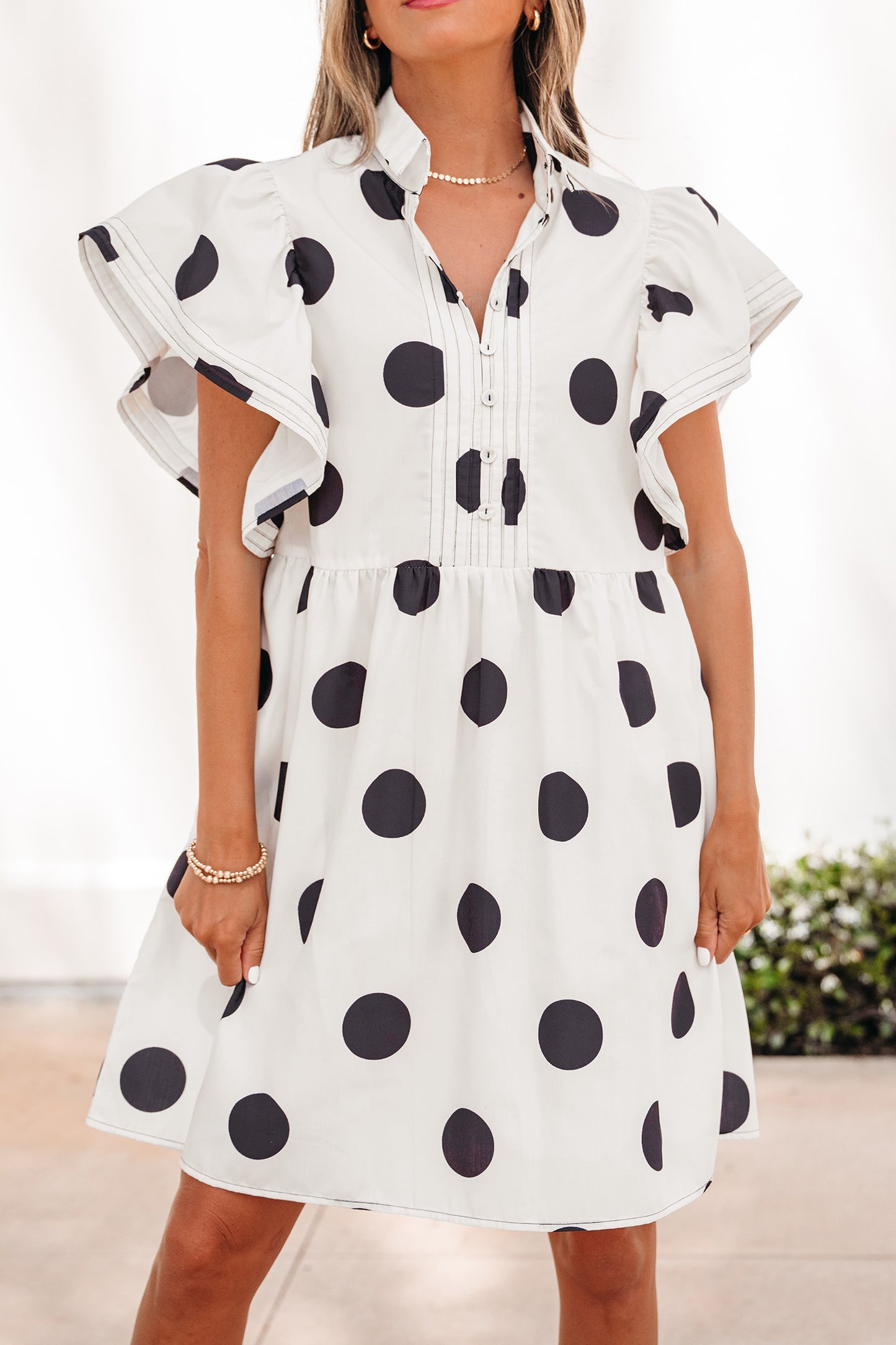 White Polka Dot Print Half Button Ruffled Short Sleeve Loose Mini Dress-Dresses/Mini Dresses-[Adult]-[Female]-2022 Online Blue Zone Planet