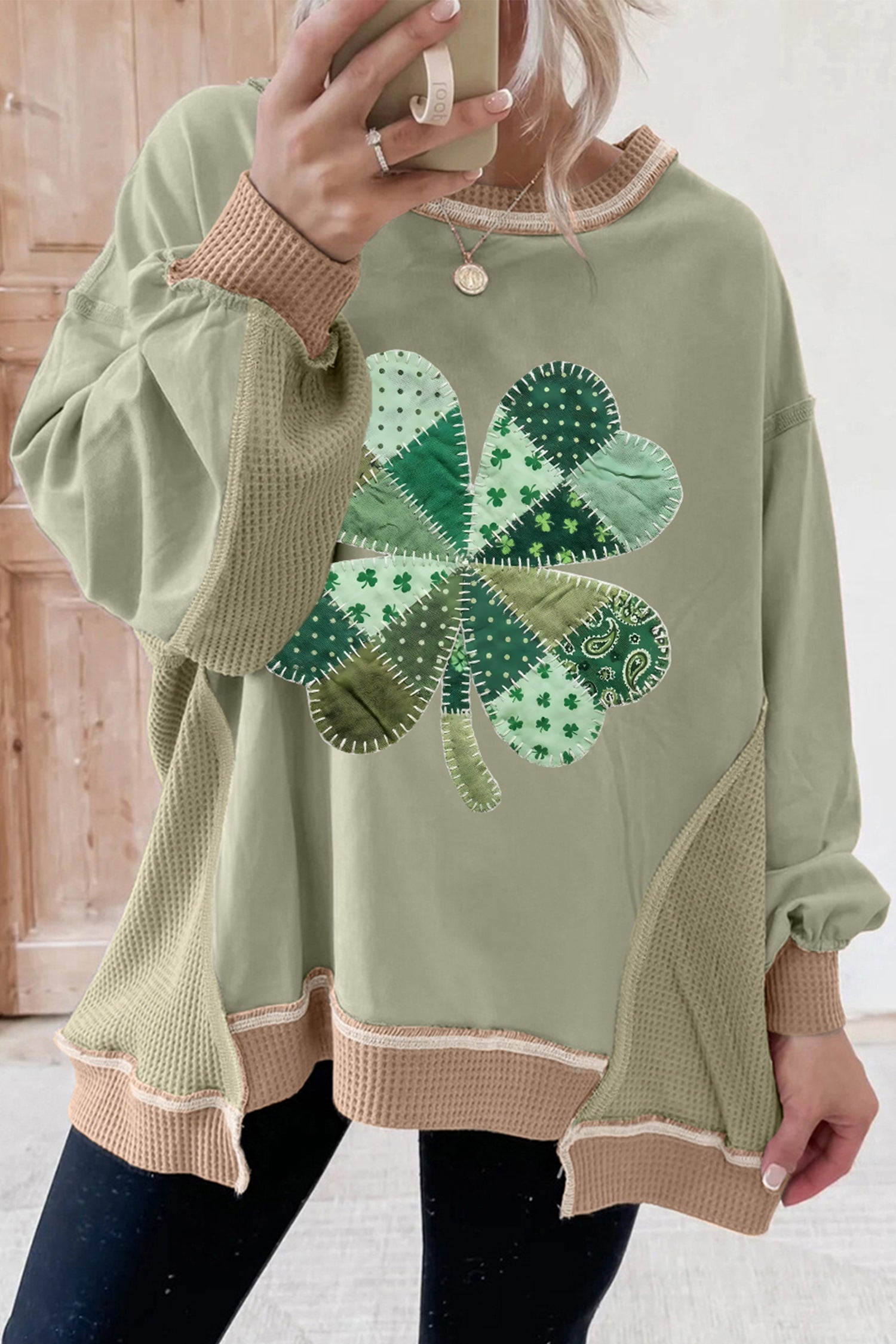 Smoke Green Waffled Color Block St Patricks Day Clover Patched Baggy Sweatshirt-Graphic Sweatshirts-[Adult]-[Female]-Smoke Green-L-2022 Online Blue Zone Planet