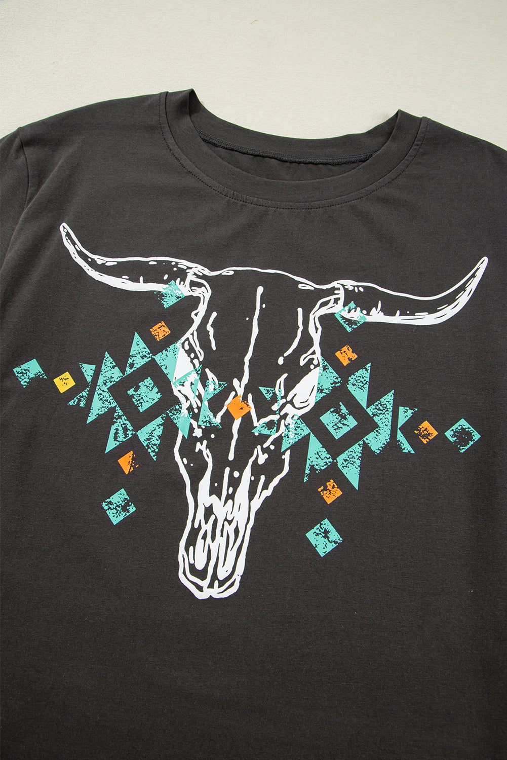 Blue Zone Planet | Carbon Grey Vintage Western Bull Head Skull Turquoise Aztec Graphic T Shirt-Tops/Tops & Tees-[Adult]-[Female]-2022 Online Blue Zone Planet