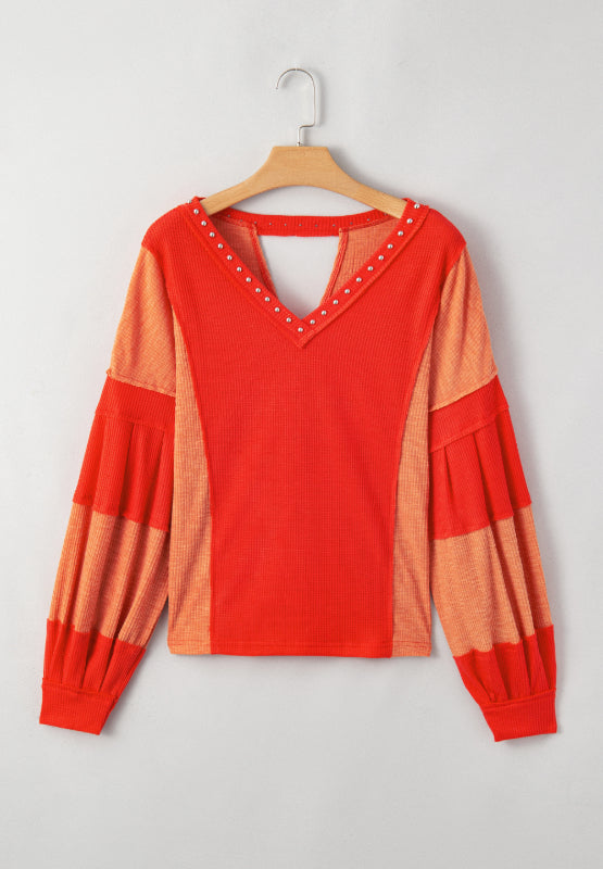 Studded Waffle-Knit V-Neck Long Sleeve Top-TOPS / DRESSES-[Adult]-[Female]-2022 Online Blue Zone Planet