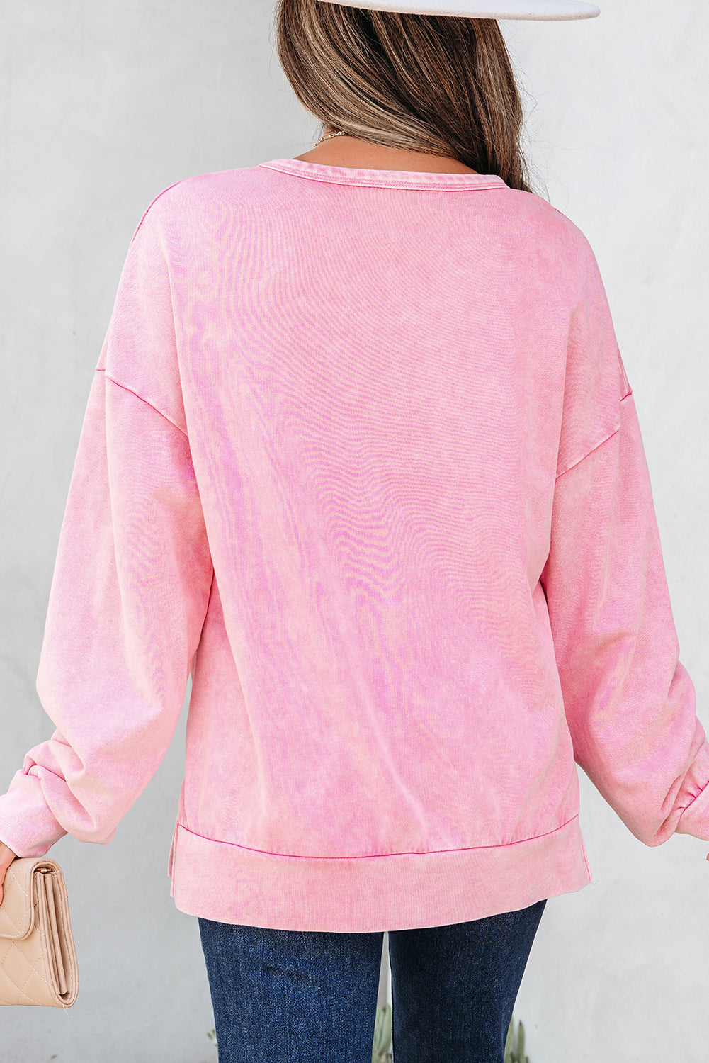 Bright Pink Mineral Wash Big Bow Patchwork Pullover Sweatshirt-Tops/Sweatshirts & Hoodies-[Adult]-[Female]-2022 Online Blue Zone Planet