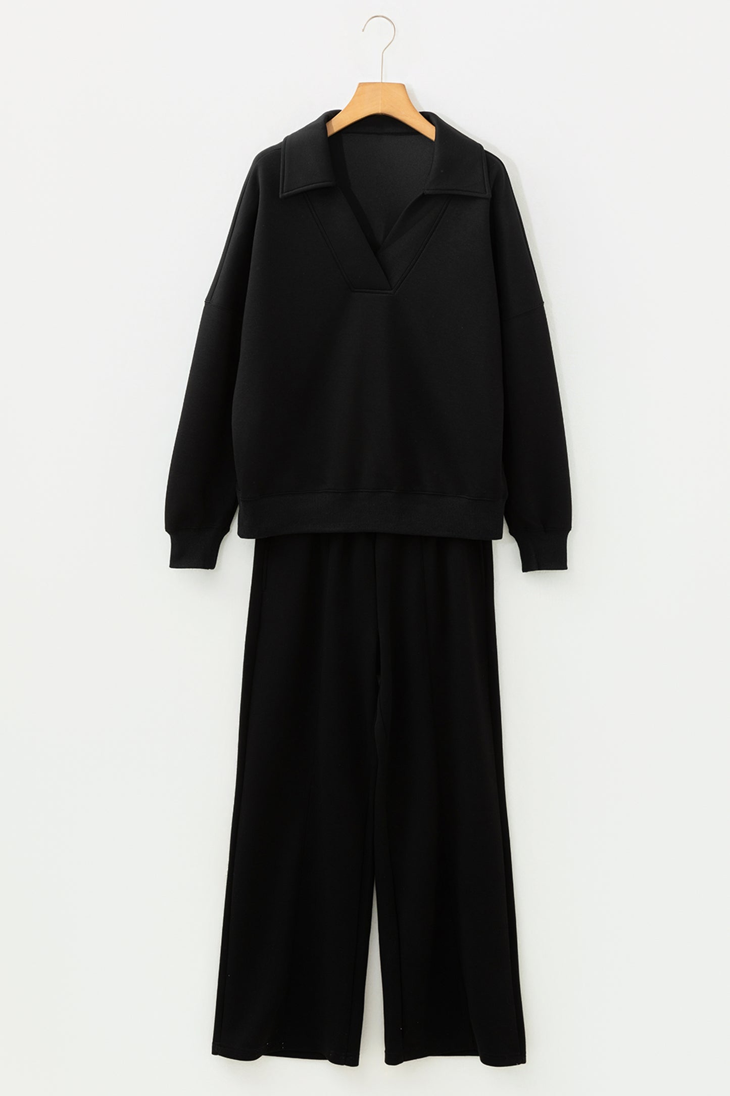 Bristol Black Collared V Neck Pullover Sweatshirt Sweatpants Set-Two Piece Sets/Pant Sets-[Adult]-[Female]-2022 Online Blue Zone Planet